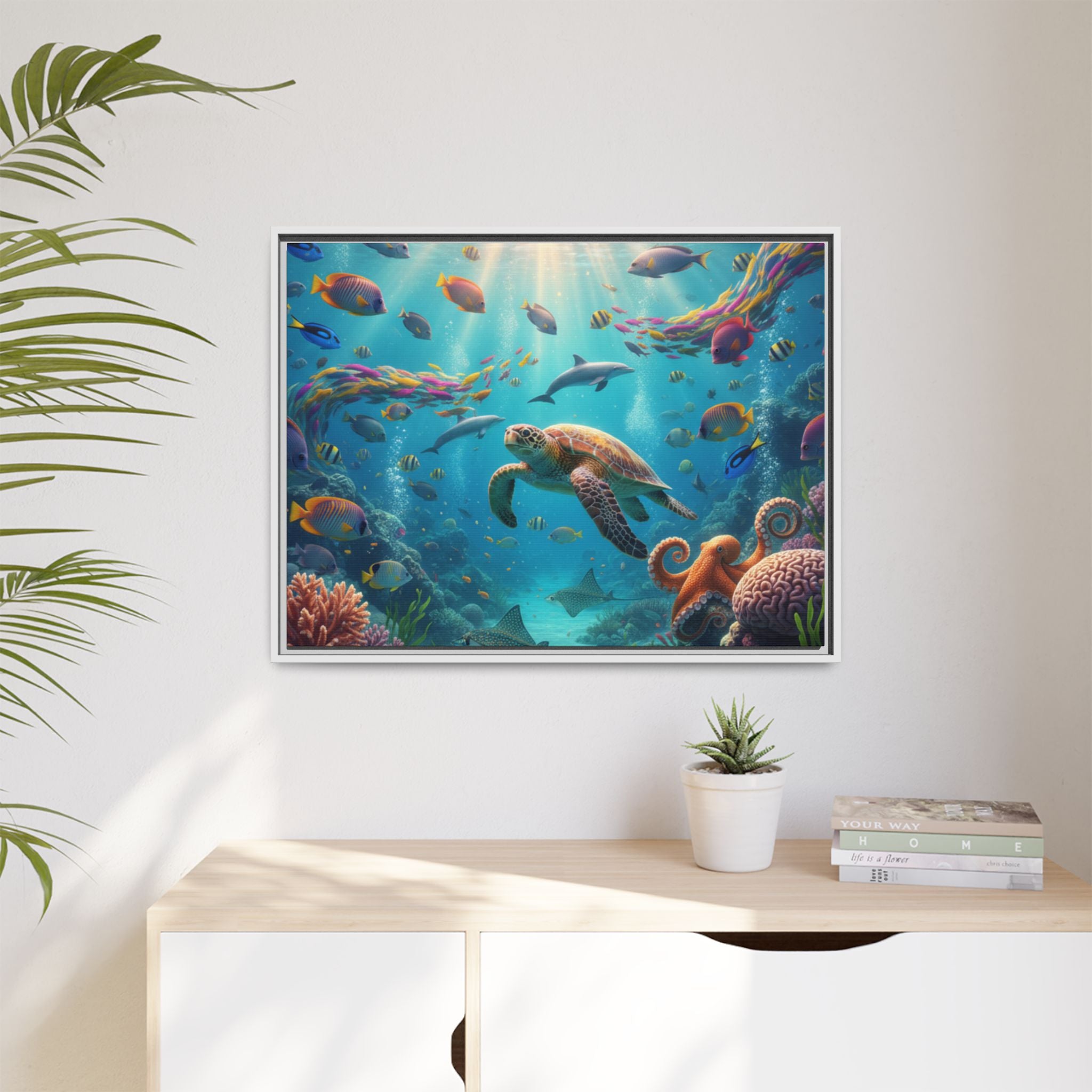Framed Ocean Life Canvas — Colorful Sea Turtle Wall Art