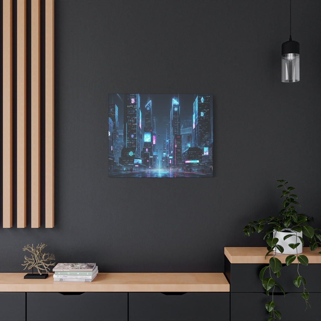 Cyberpunk Crypto Cityscape Canvas Print — Futuristic Neon Skyline Wall Art