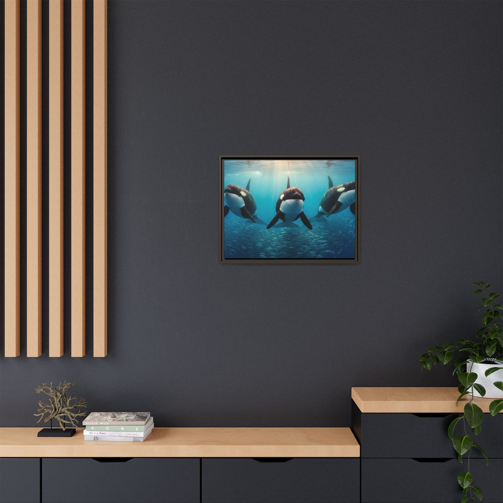 Framed Orca Canvas Print — Underwater Whale Pod Ocean Wall Art