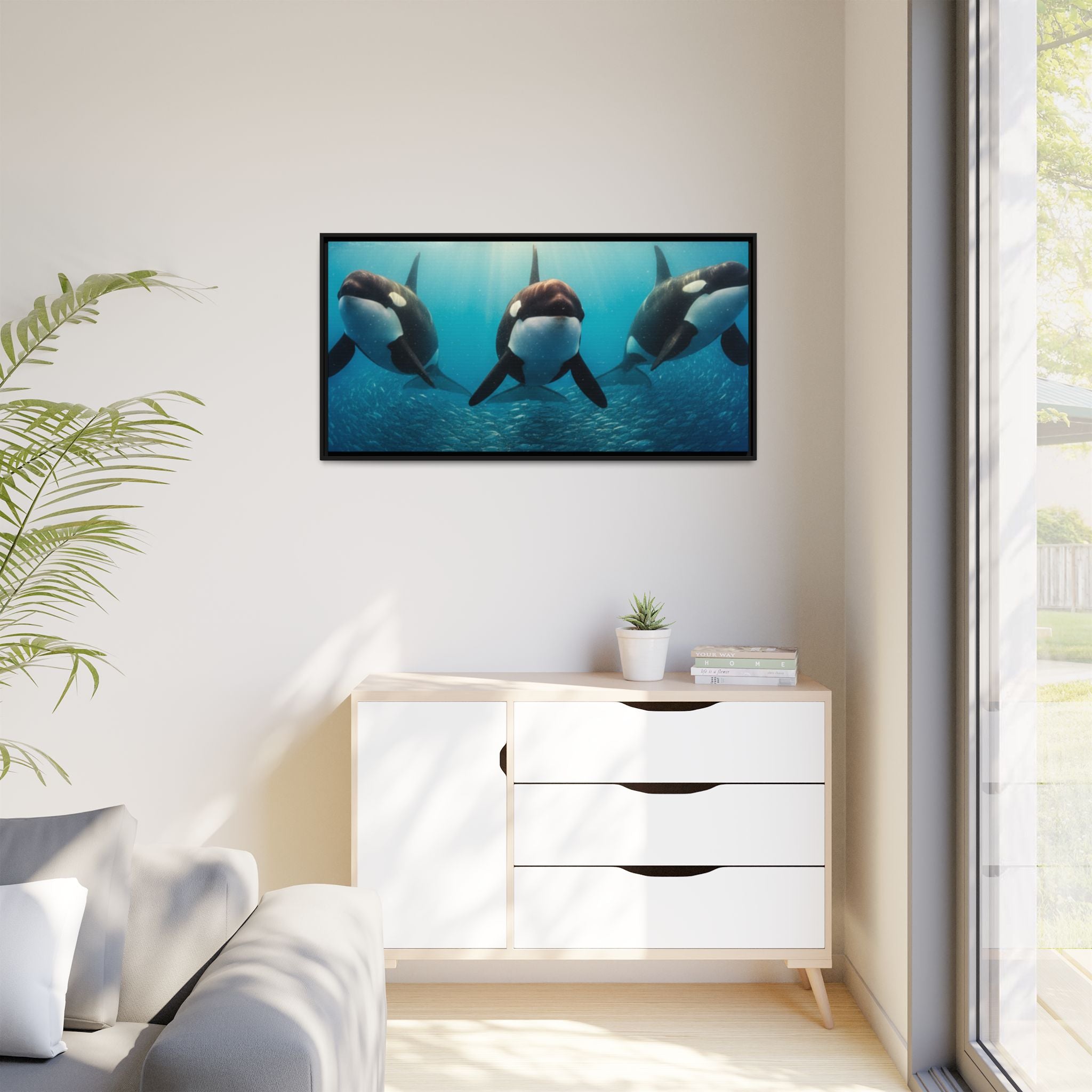 Framed Orca Canvas Print — Underwater Whale Pod Ocean Wall Art