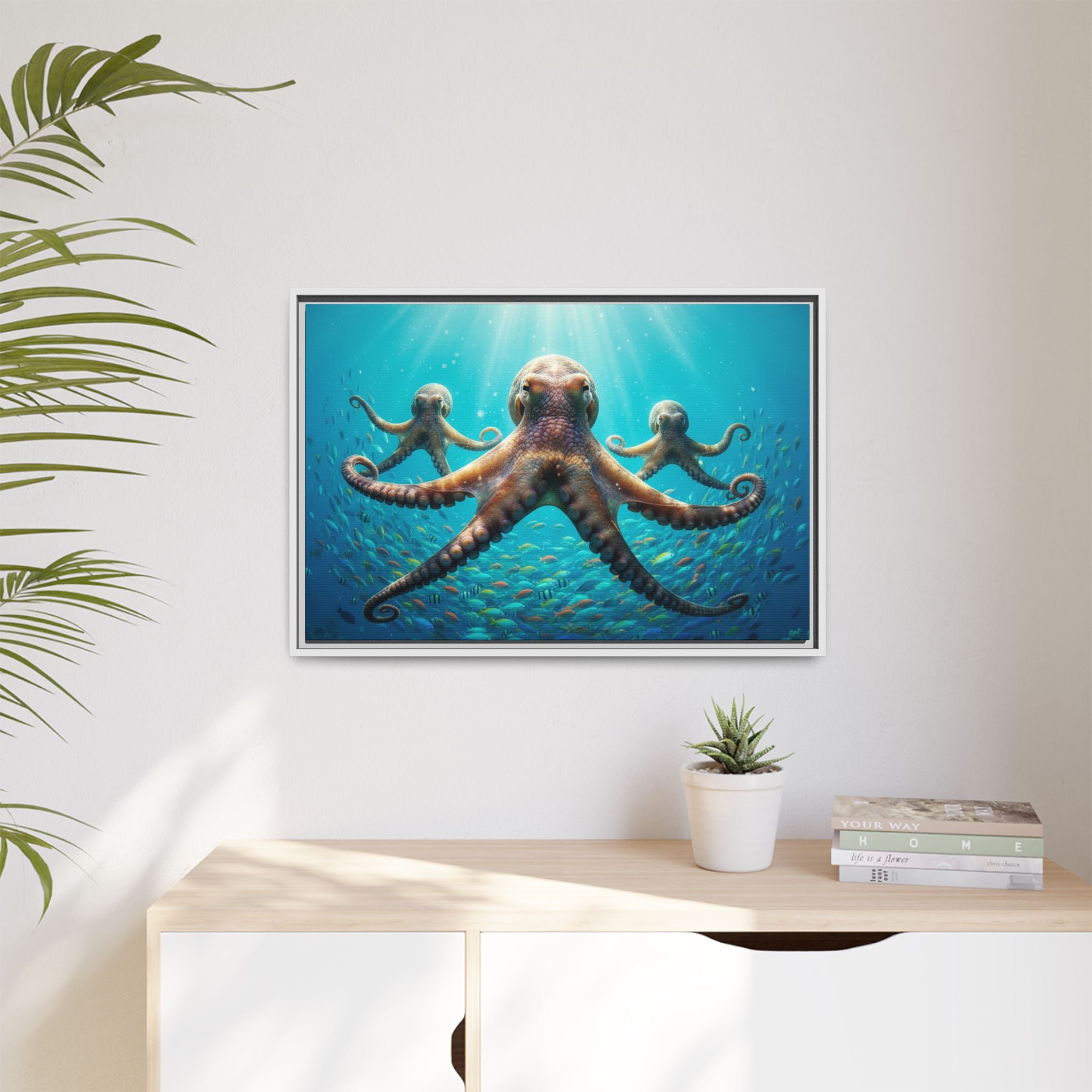 Framed Octopus Art Print — Vibrant Underwater Canvas Wall Decor