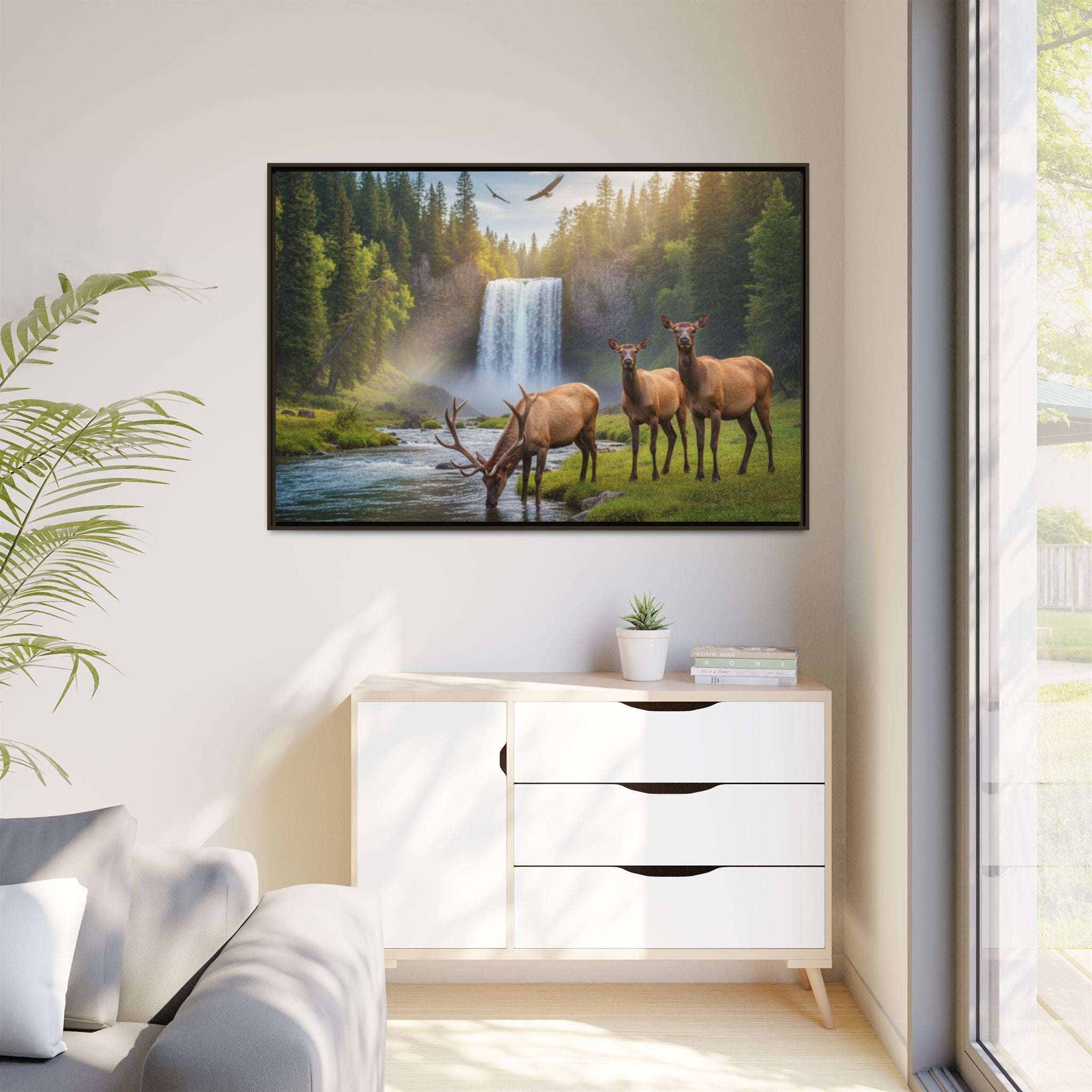 Waterfall Elk Forest Landscape Wall Art