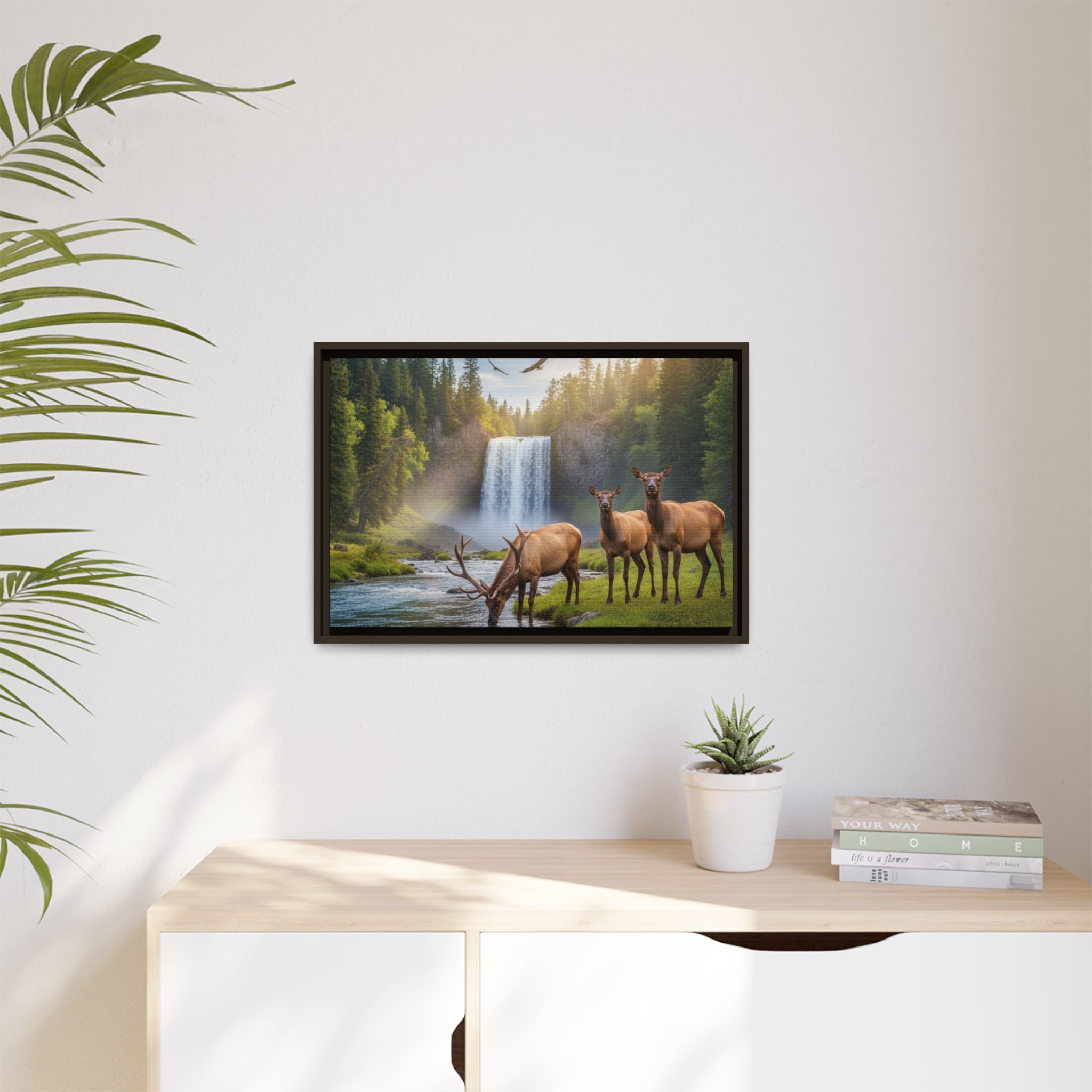 Waterfall Elk Forest Landscape Wall Art