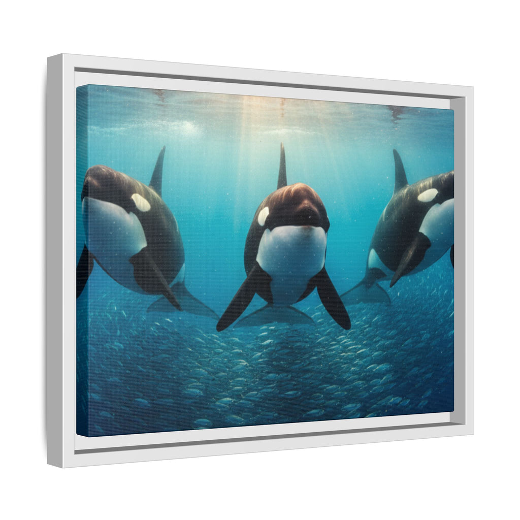 Framed Orca Canvas Print — Underwater Whale Pod Ocean Wall Art