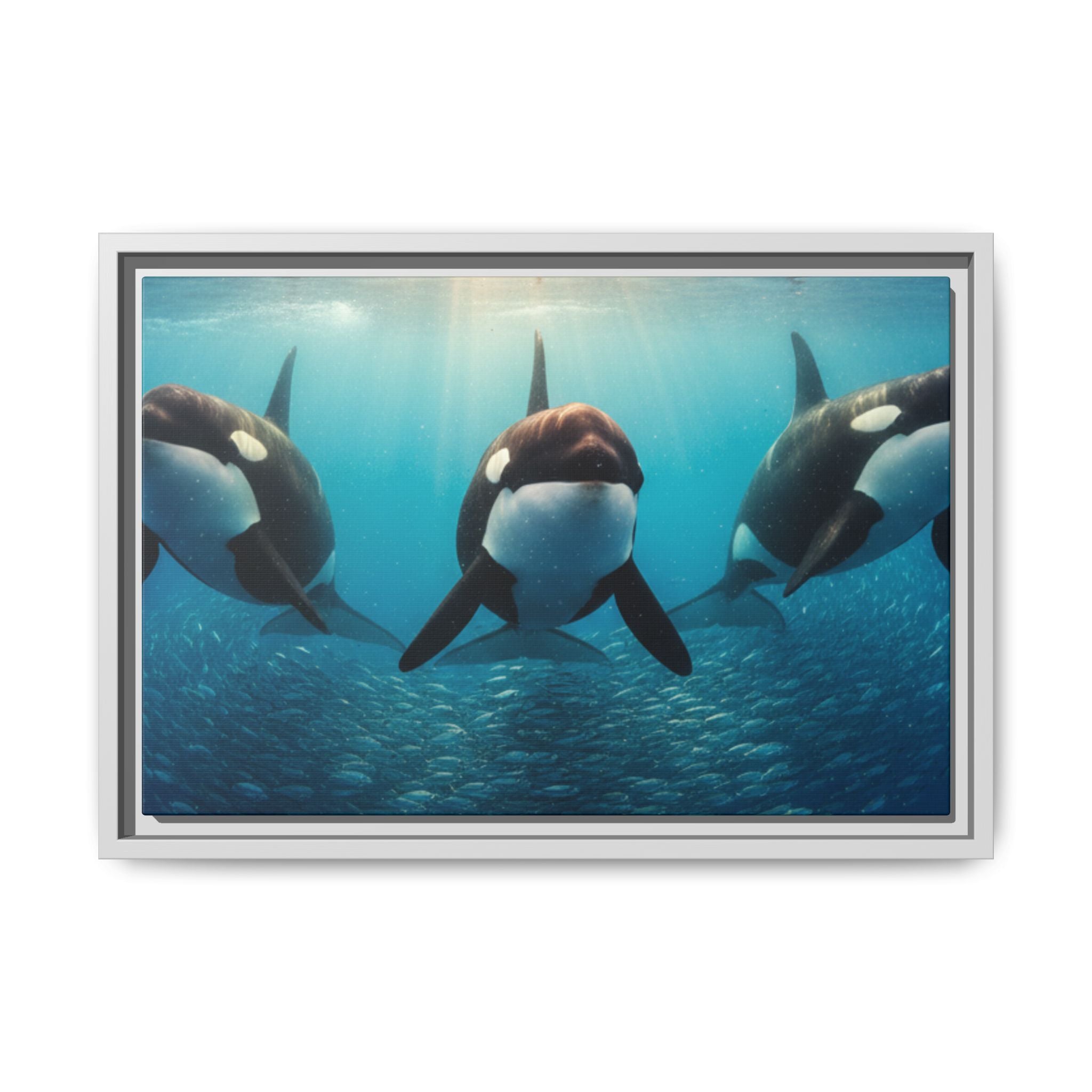 Framed Orca Canvas Print — Underwater Whale Pod Ocean Wall Art