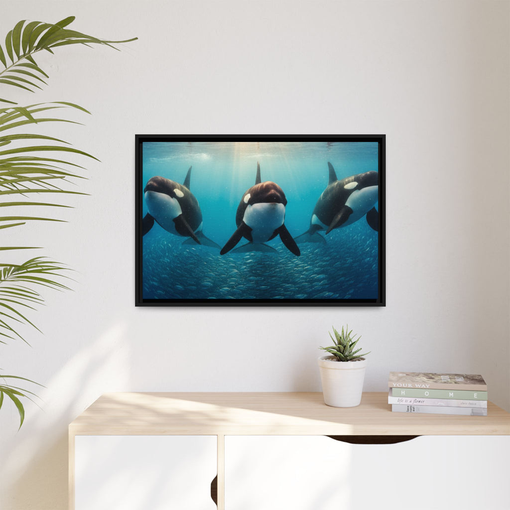 Framed Orca Canvas Print — Underwater Whale Pod Ocean Wall Art