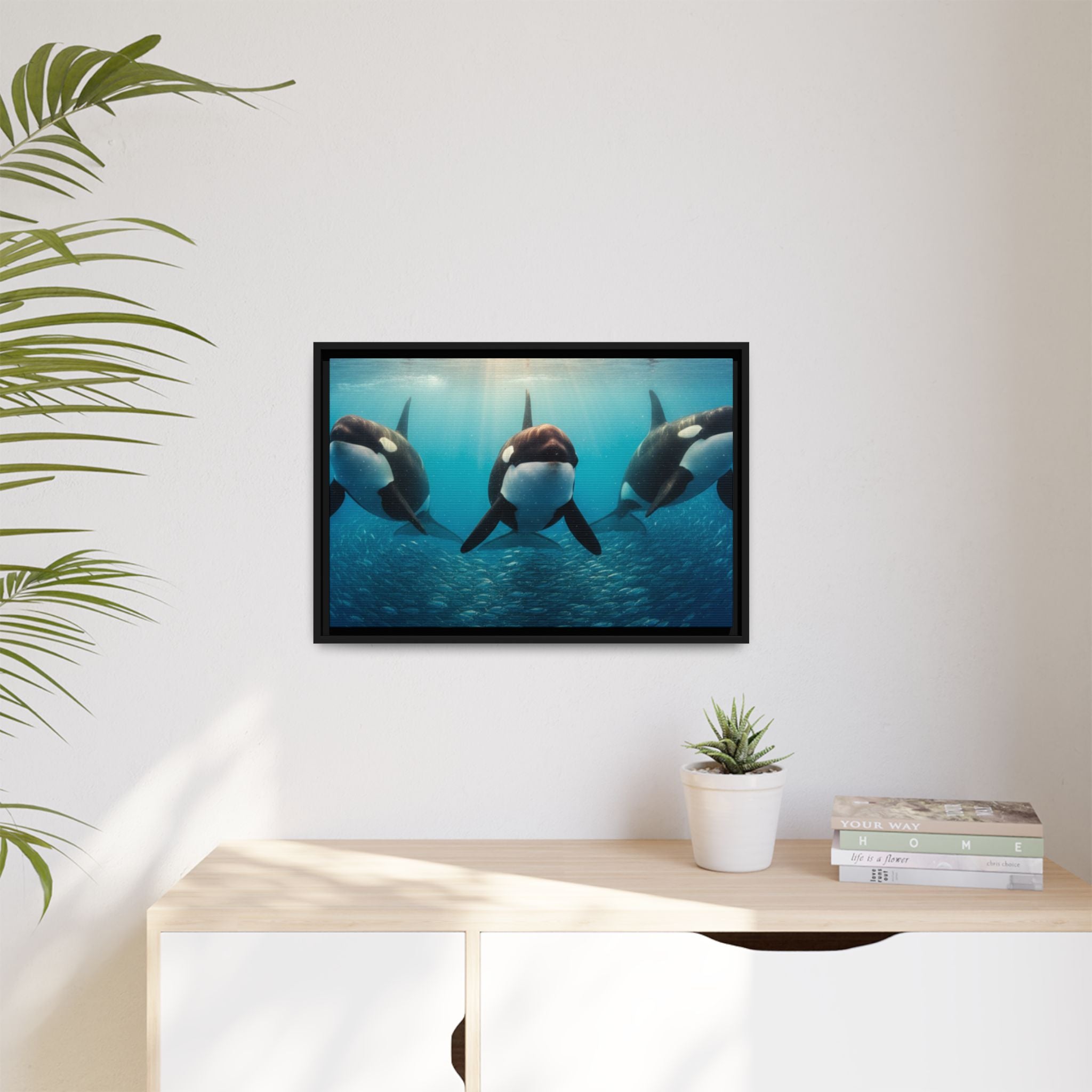 Framed Orca Canvas Print — Underwater Whale Pod Ocean Wall Art