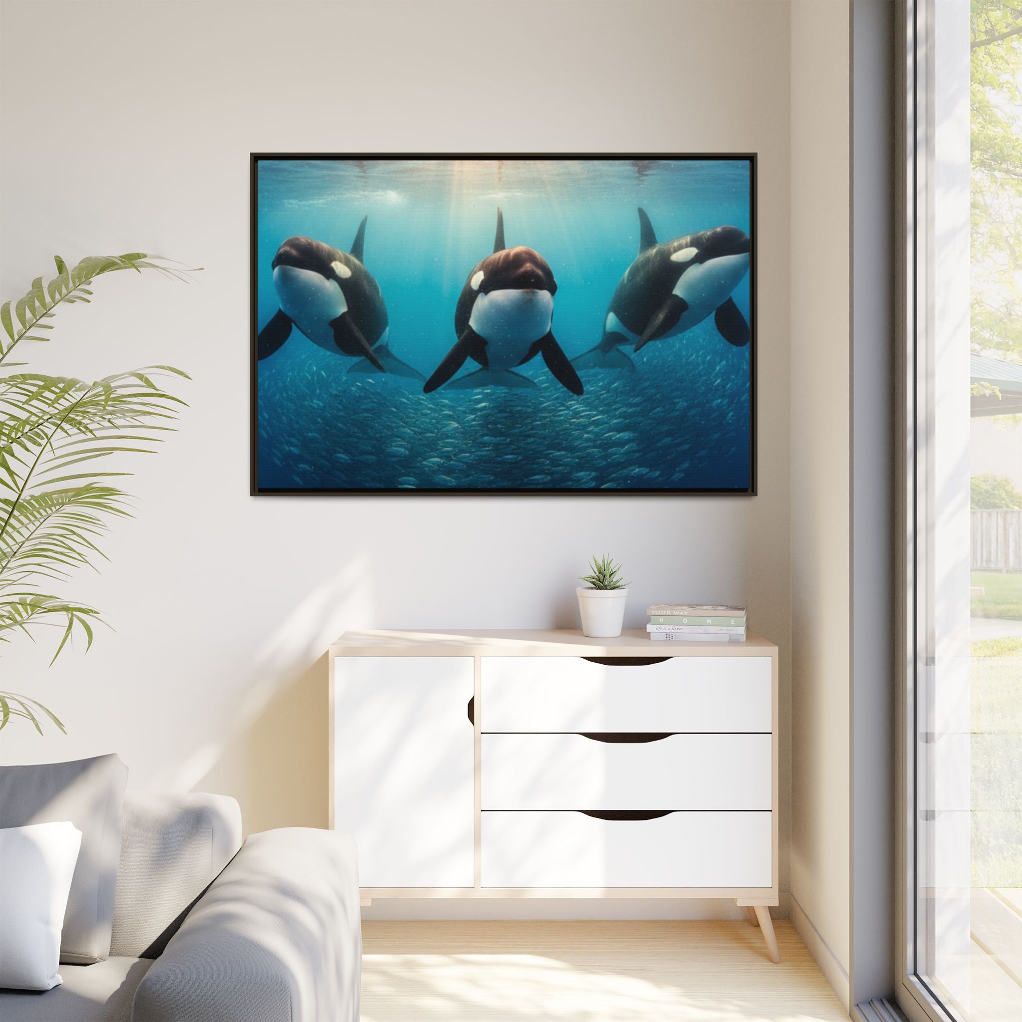 Framed Orca Canvas Print — Underwater Whale Pod Ocean Wall Art