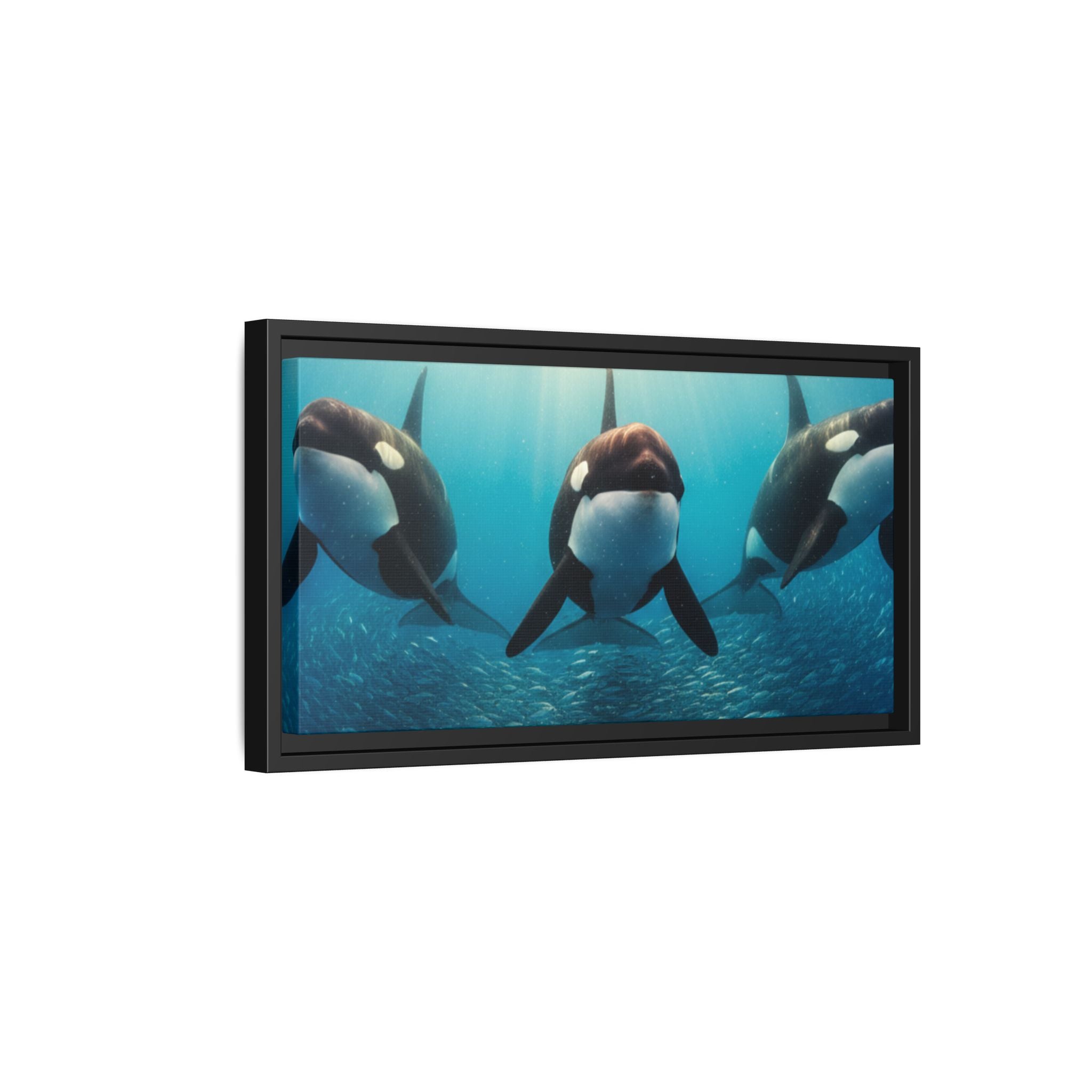 Framed Orca Canvas Print — Underwater Whale Pod Ocean Wall Art