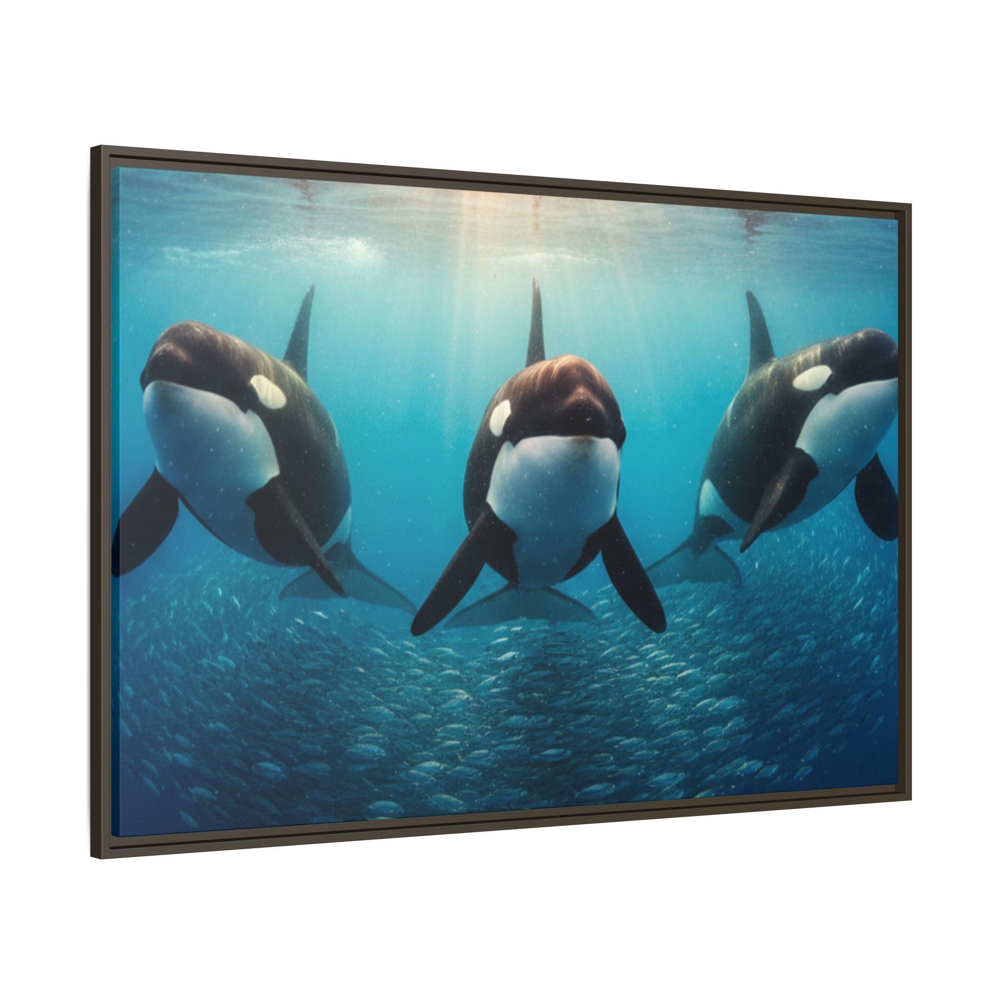 Framed Orca Canvas Print — Underwater Whale Pod Ocean Wall Art