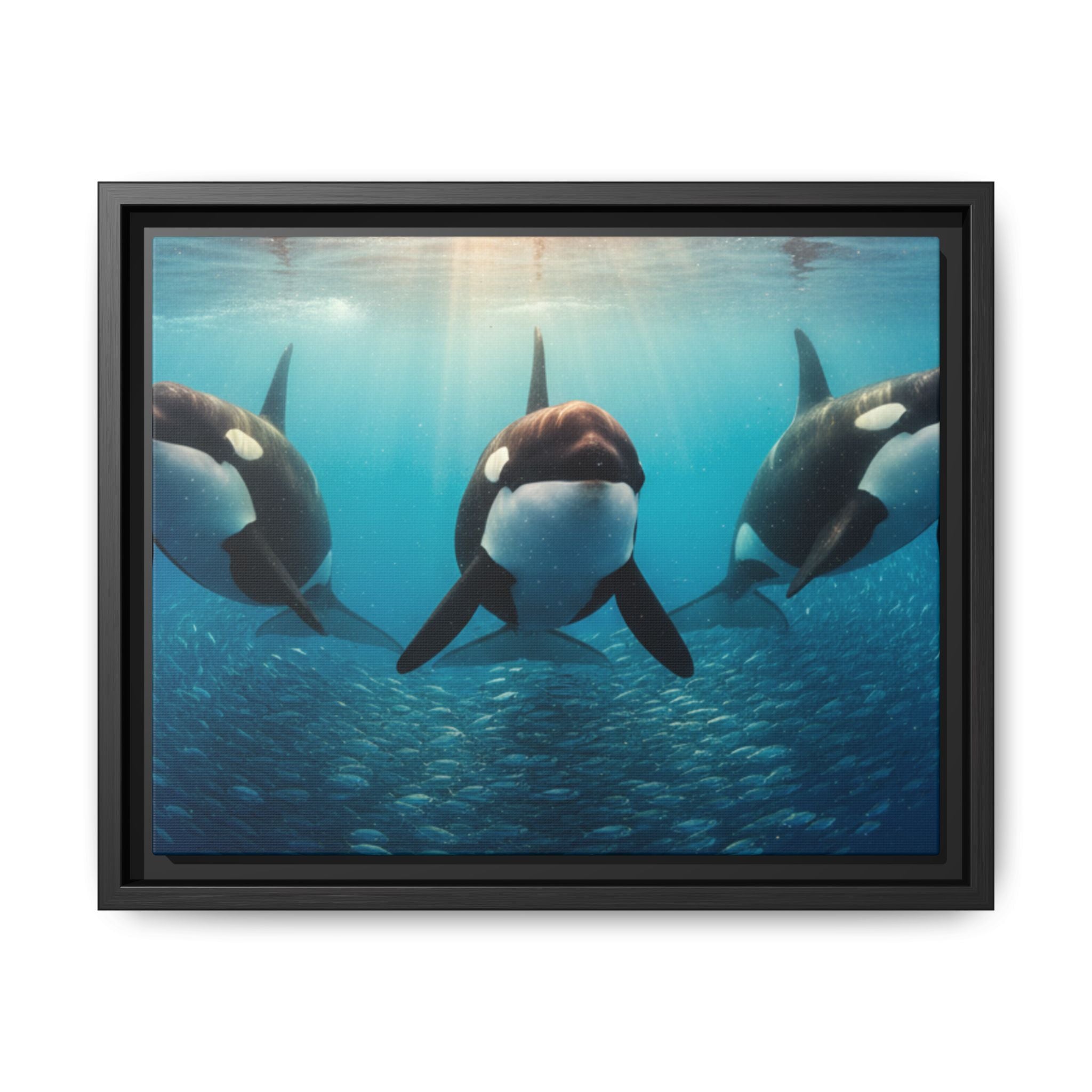 Framed Orca Canvas Print — Underwater Whale Pod Ocean Wall Art