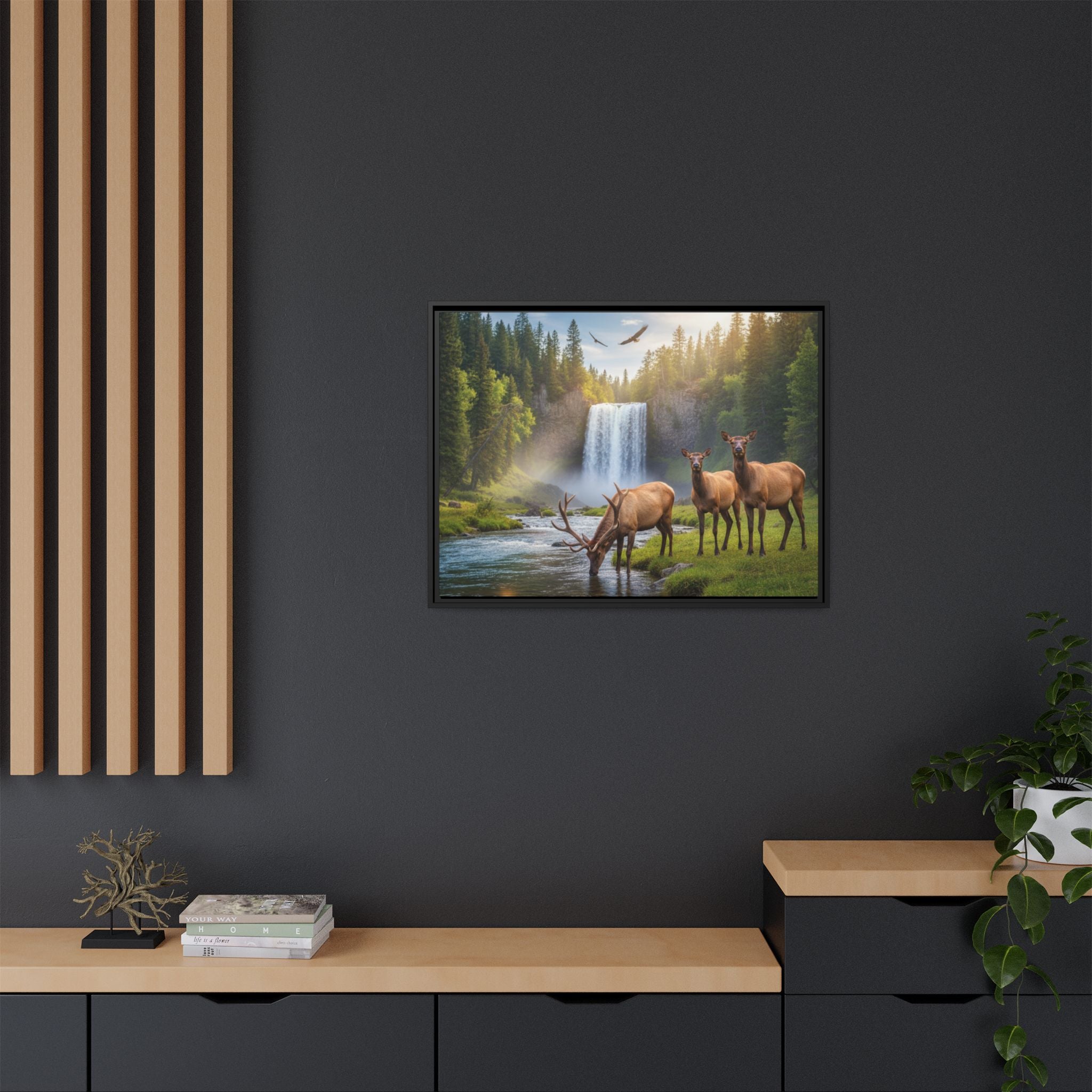 Waterfall Elk Forest Landscape Wall Art
