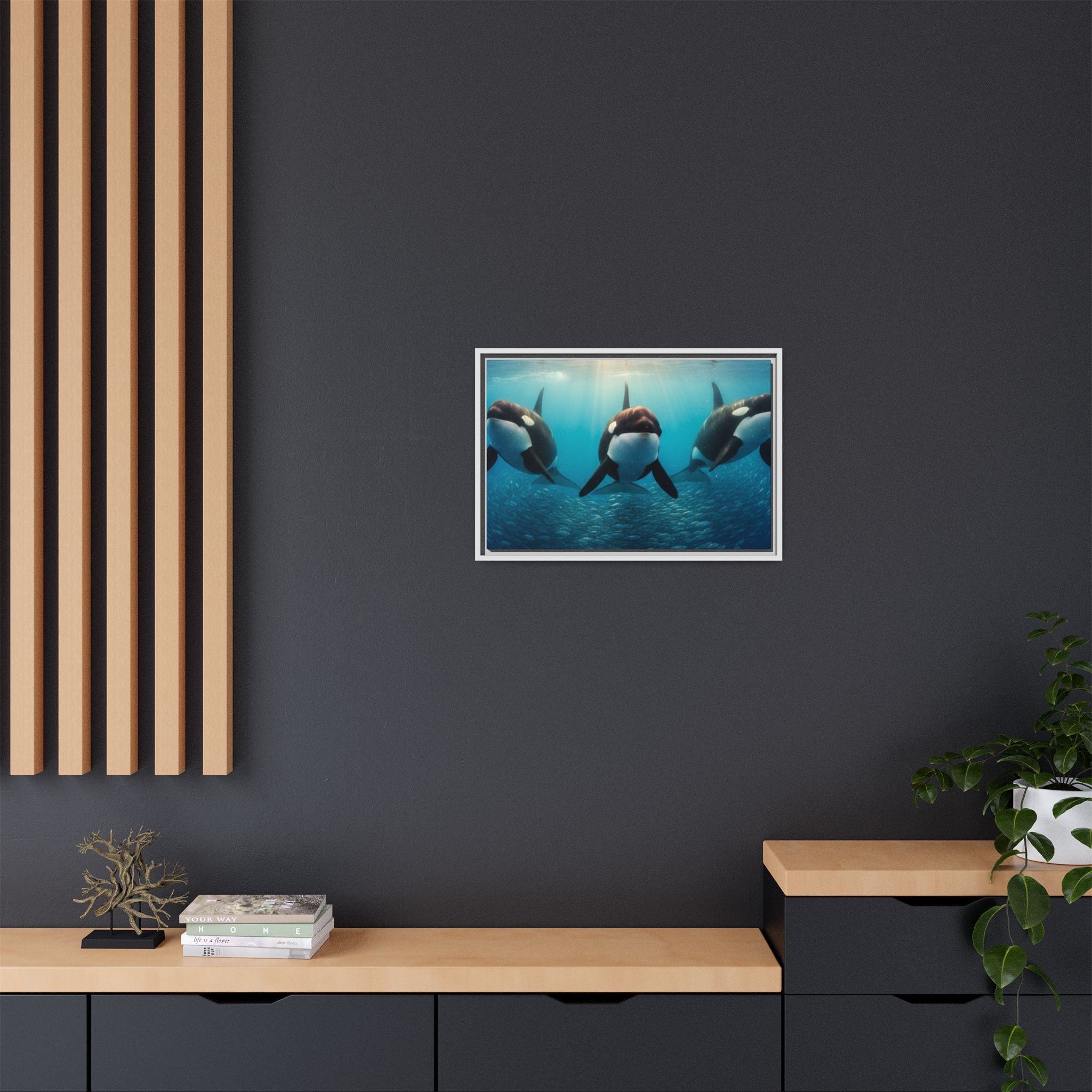 Framed Orca Canvas Print — Underwater Whale Pod Ocean Wall Art