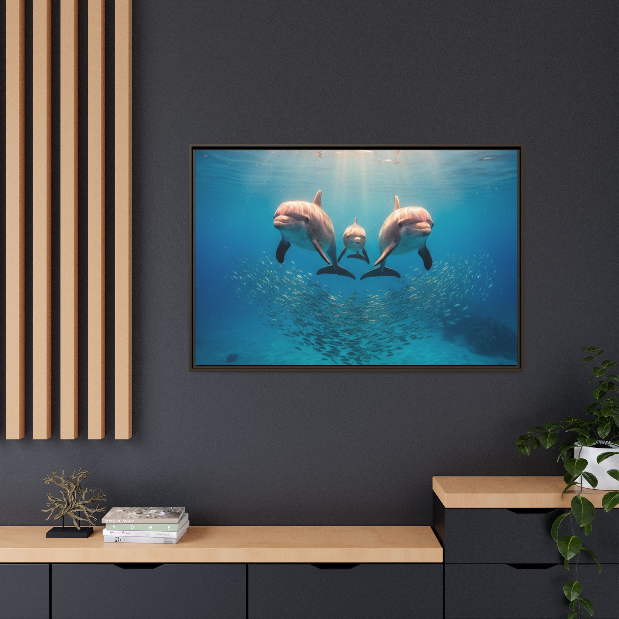 Framed Dolphin Canvas Print — Matte Ocean Wall Art