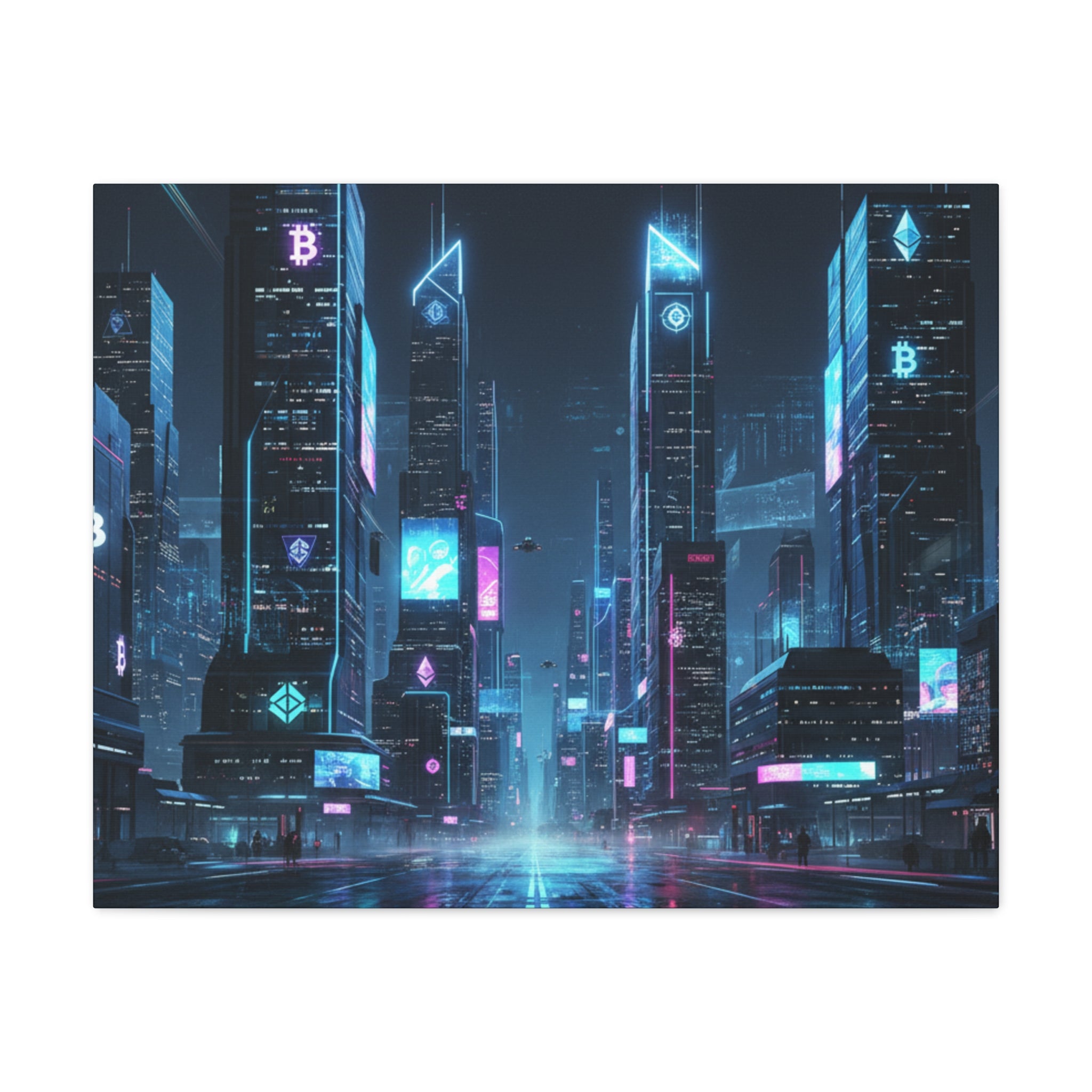 Cyberpunk Crypto Cityscape Canvas Print — Futuristic Neon Skyline Wall Art