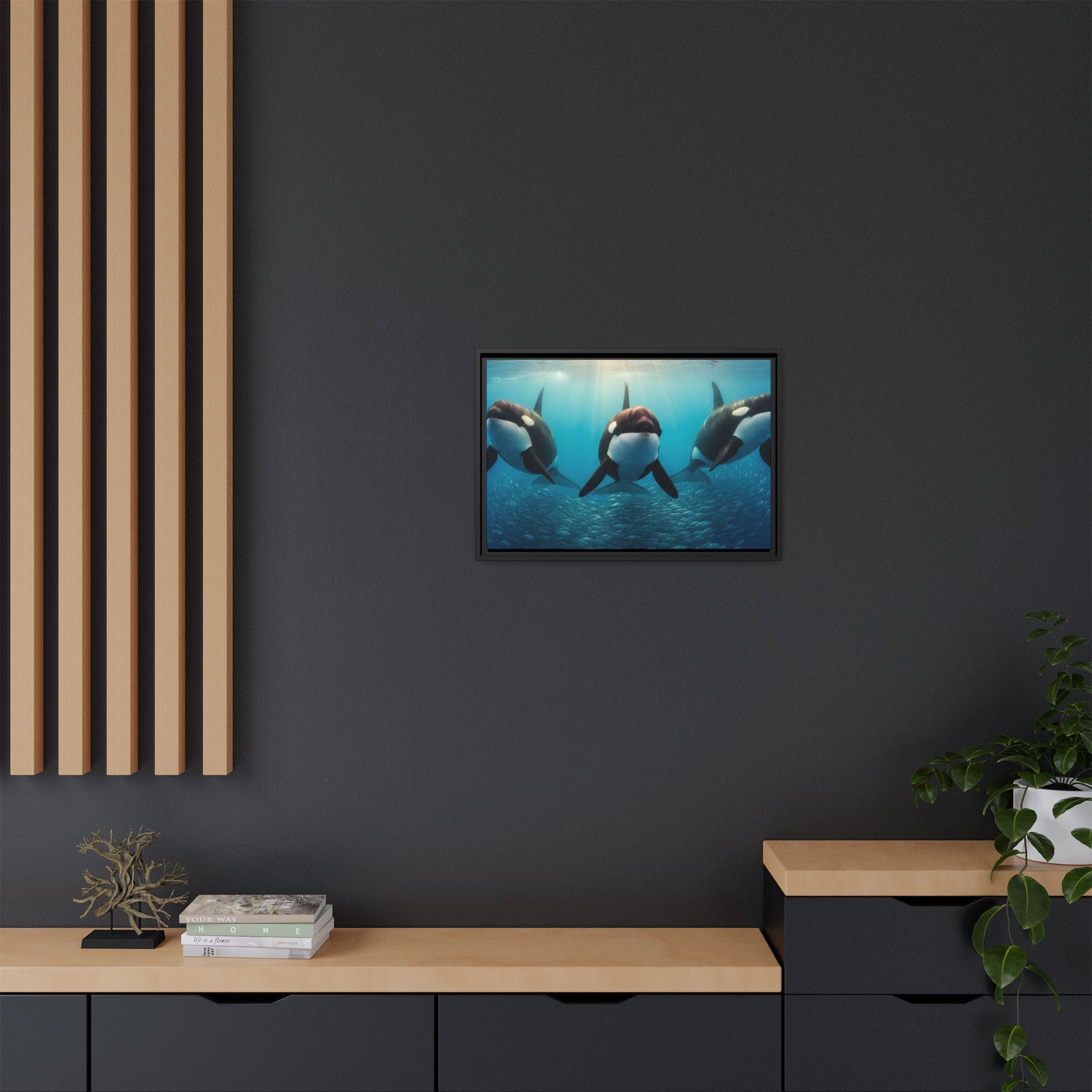 Framed Orca Canvas Print — Underwater Whale Pod Ocean Wall Art