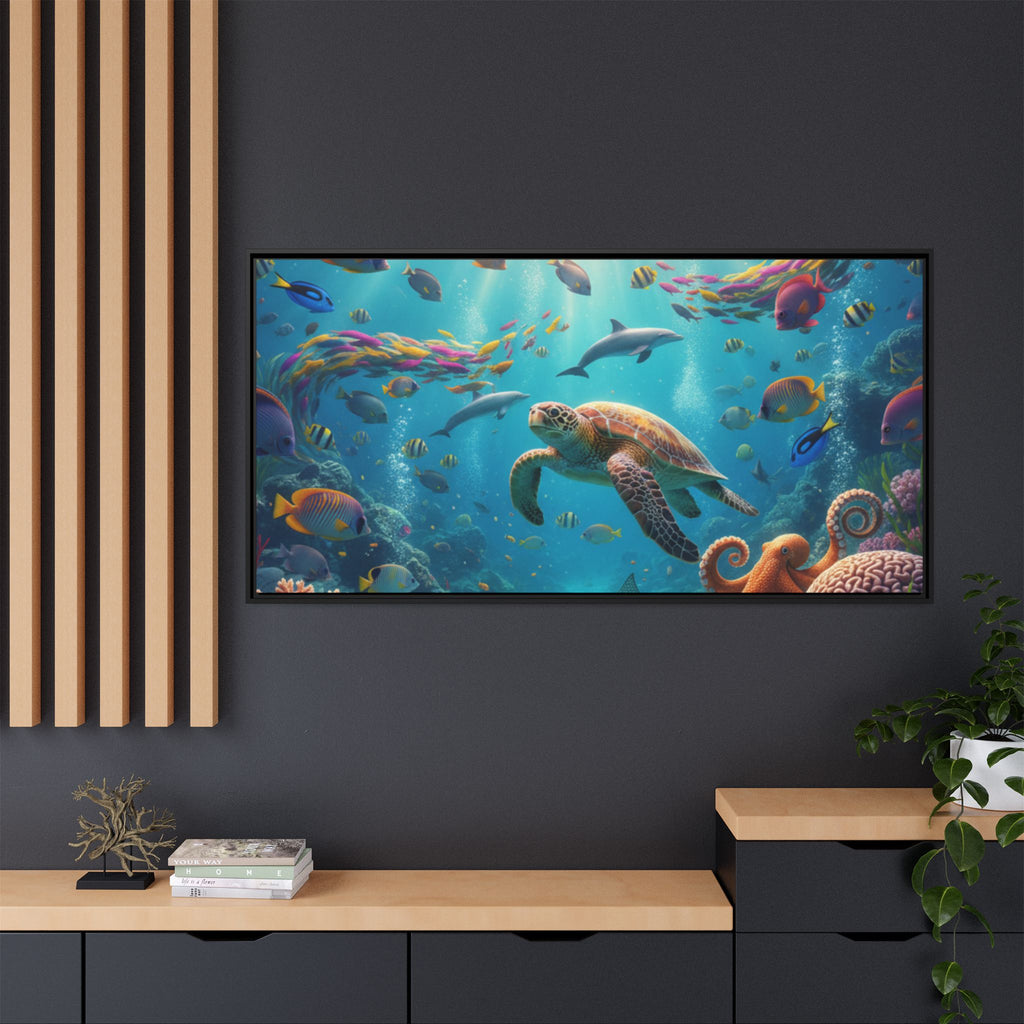 Framed Ocean Life Canvas — Colorful Sea Turtle Wall Art