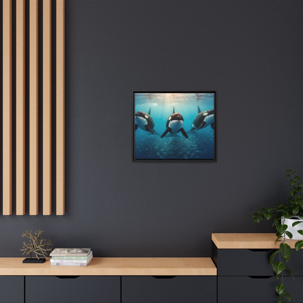 Framed Orca Canvas Print — Underwater Whale Pod Ocean Wall Art