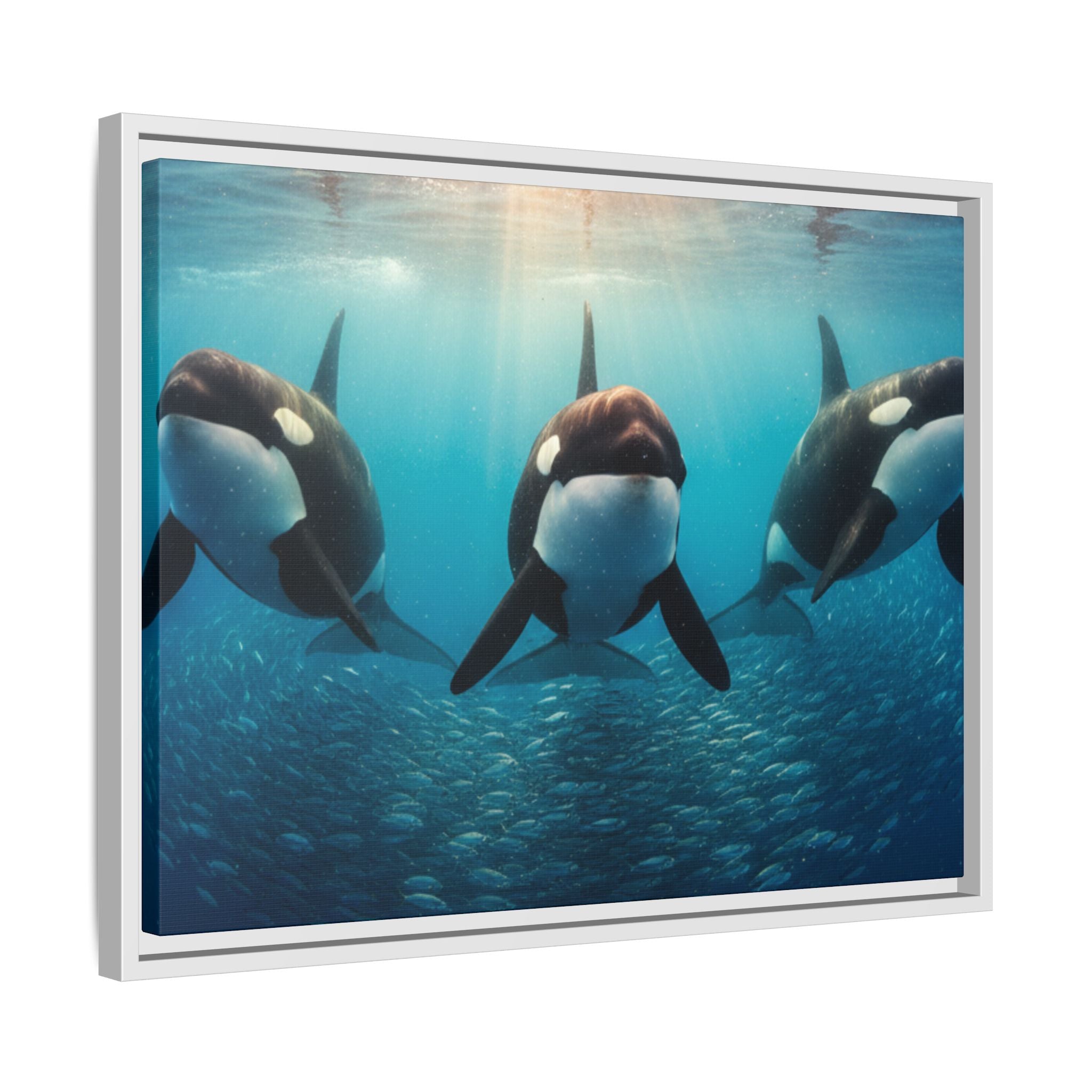 Framed Orca Canvas Print — Underwater Whale Pod Ocean Wall Art