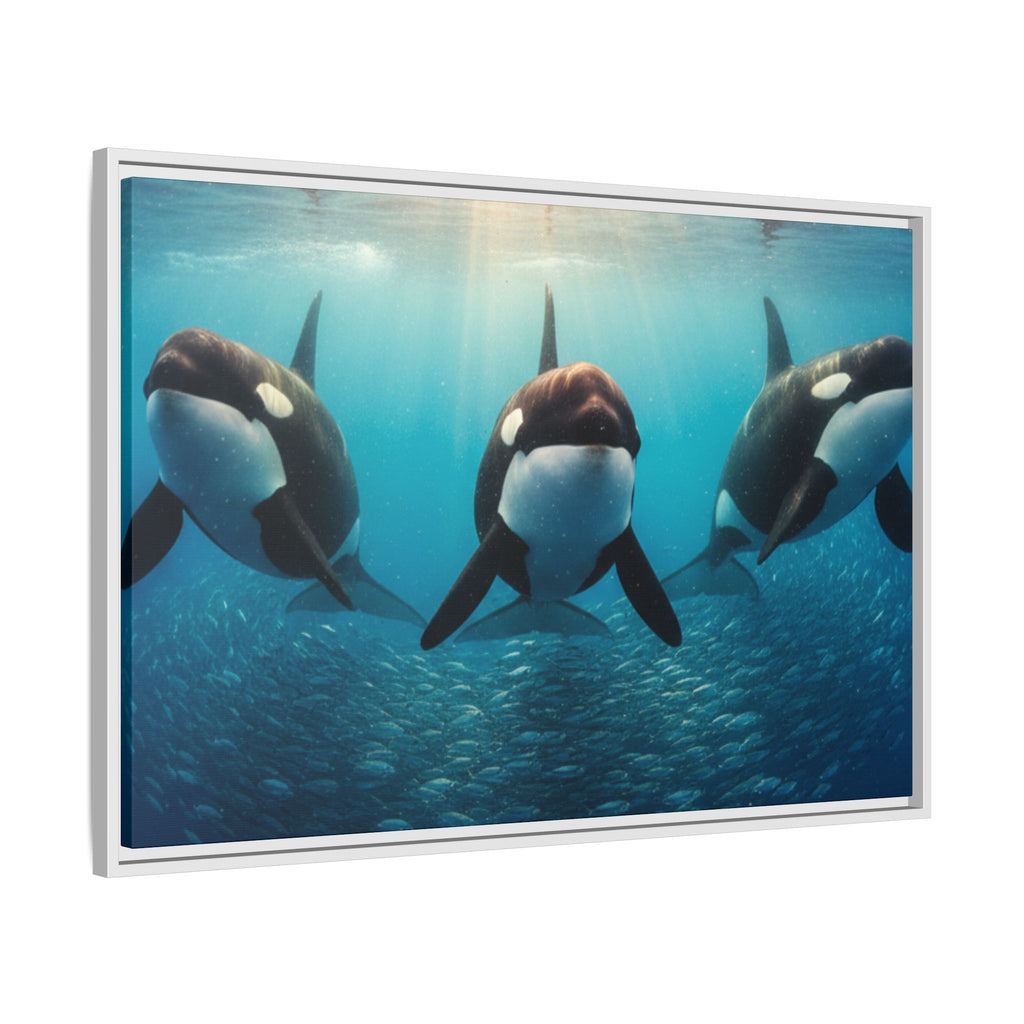 Framed Orca Canvas Print — Underwater Whale Pod Ocean Wall Art