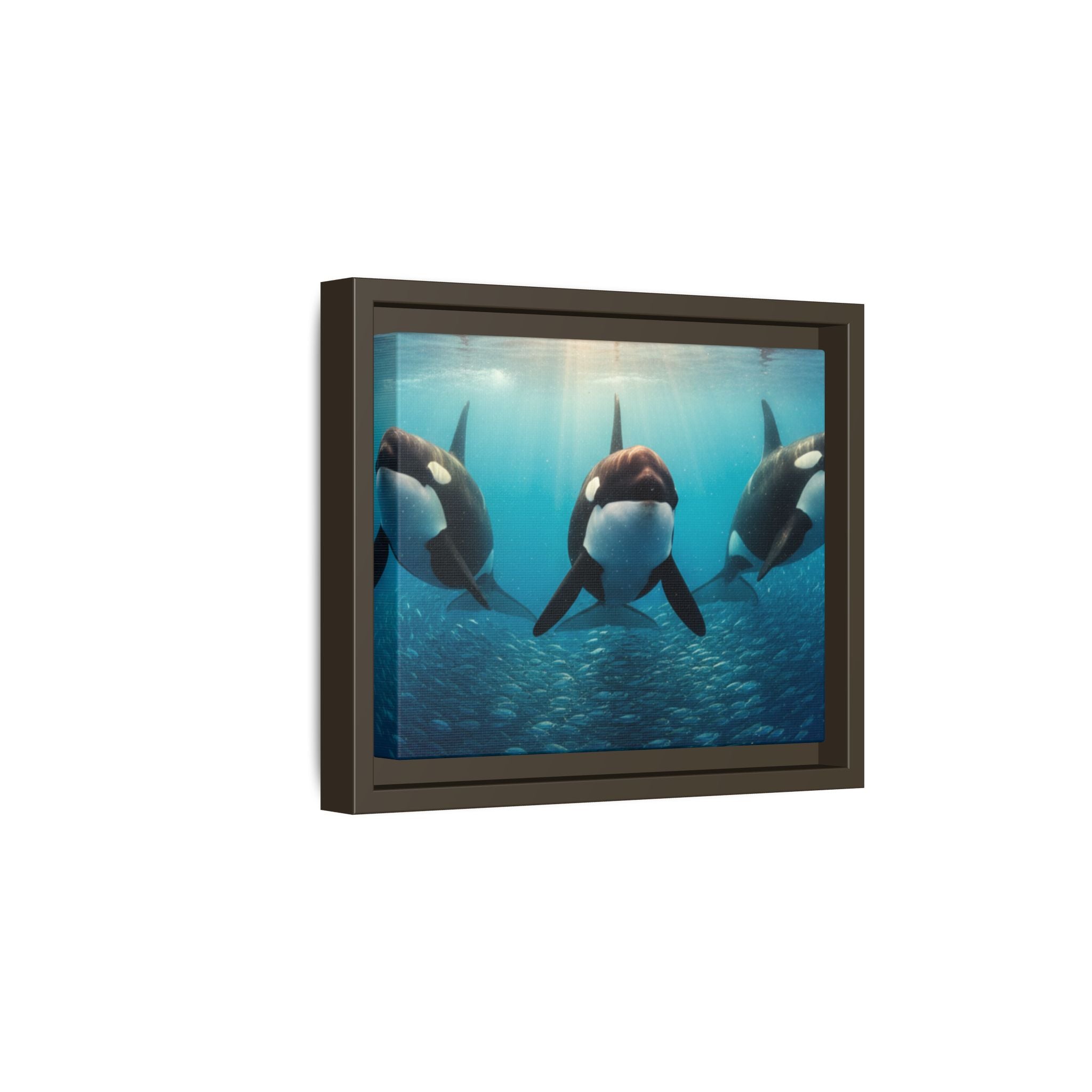 Framed Orca Canvas Print — Underwater Whale Pod Ocean Wall Art