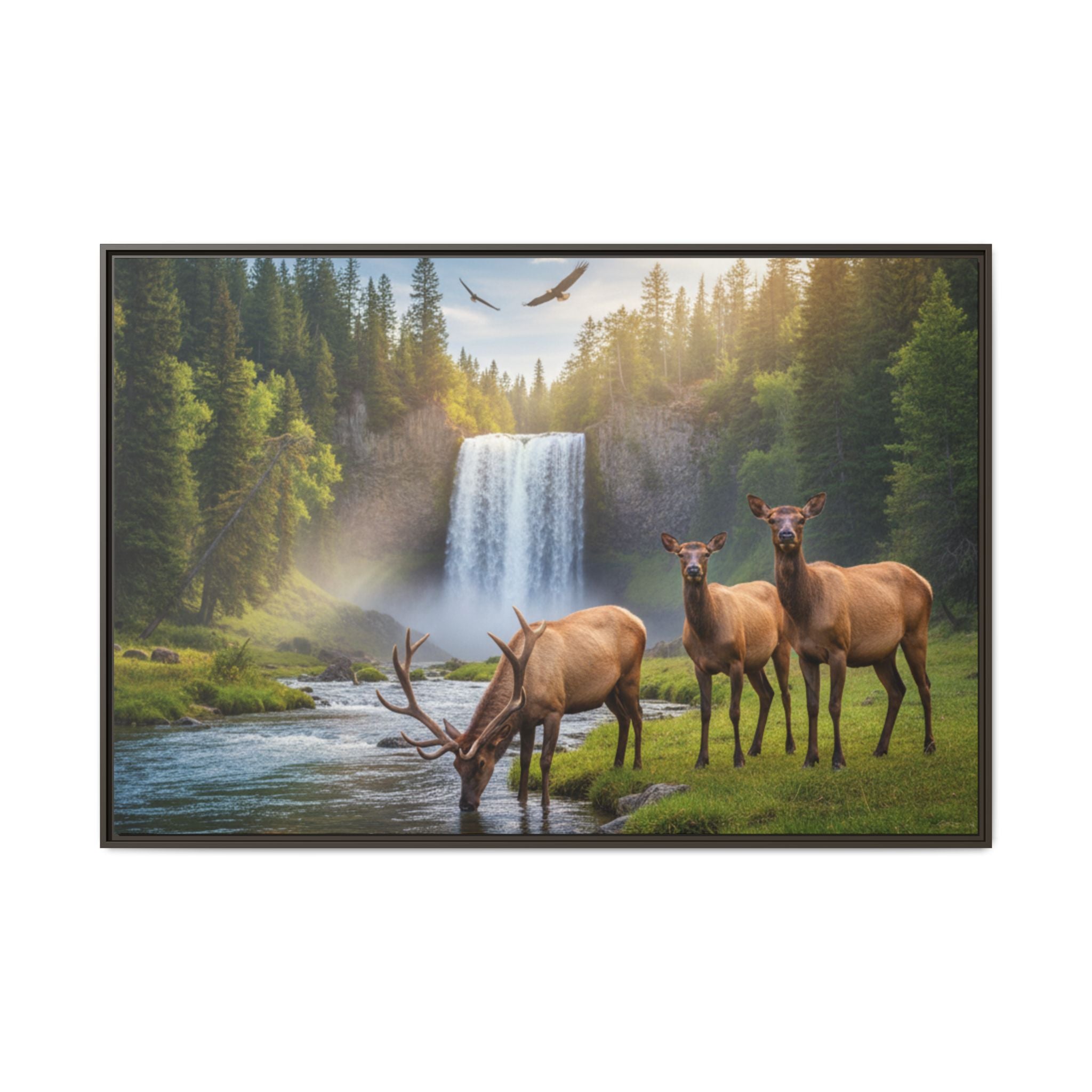 Waterfall Elk Forest Landscape Wall Art