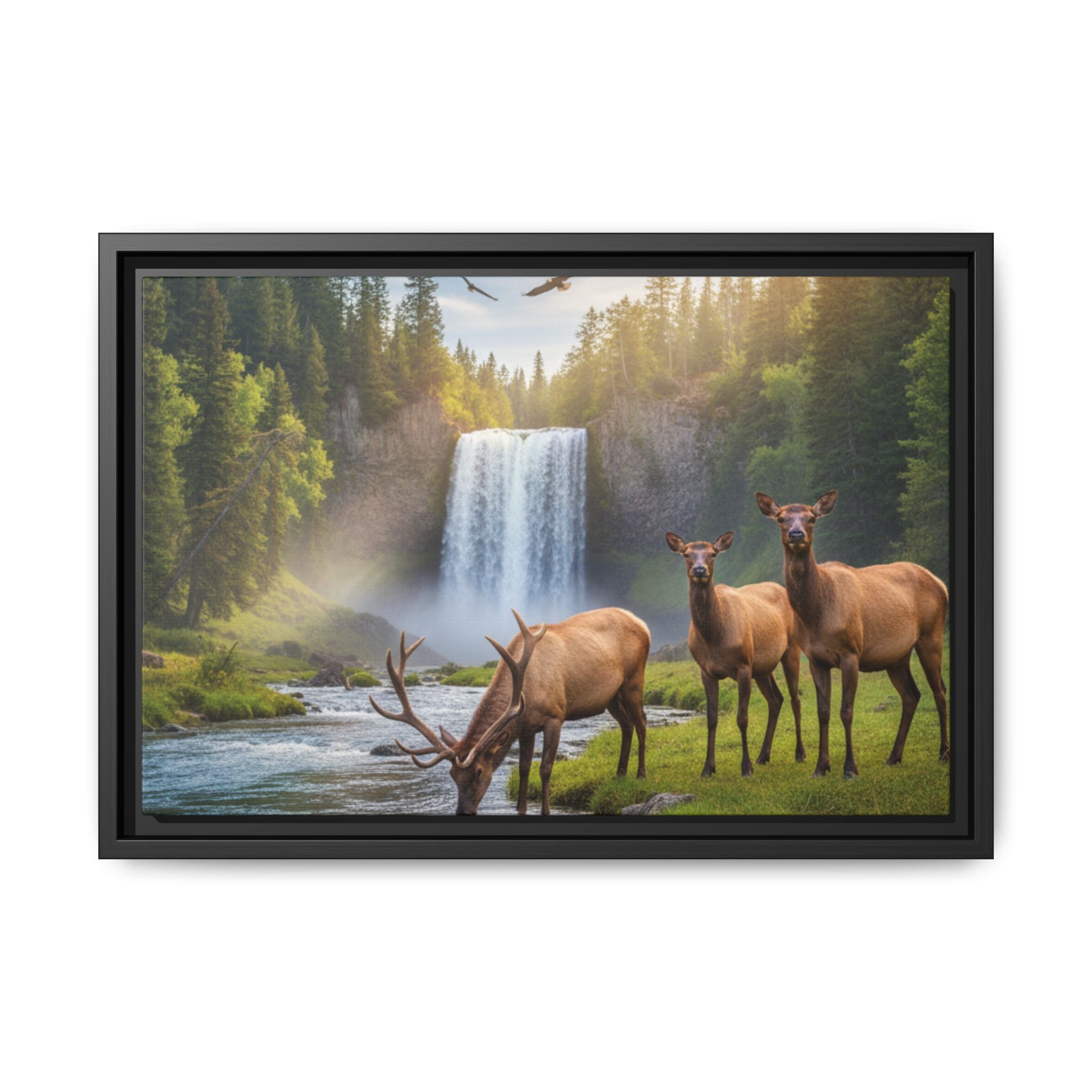Waterfall Elk Forest Landscape Wall Art
