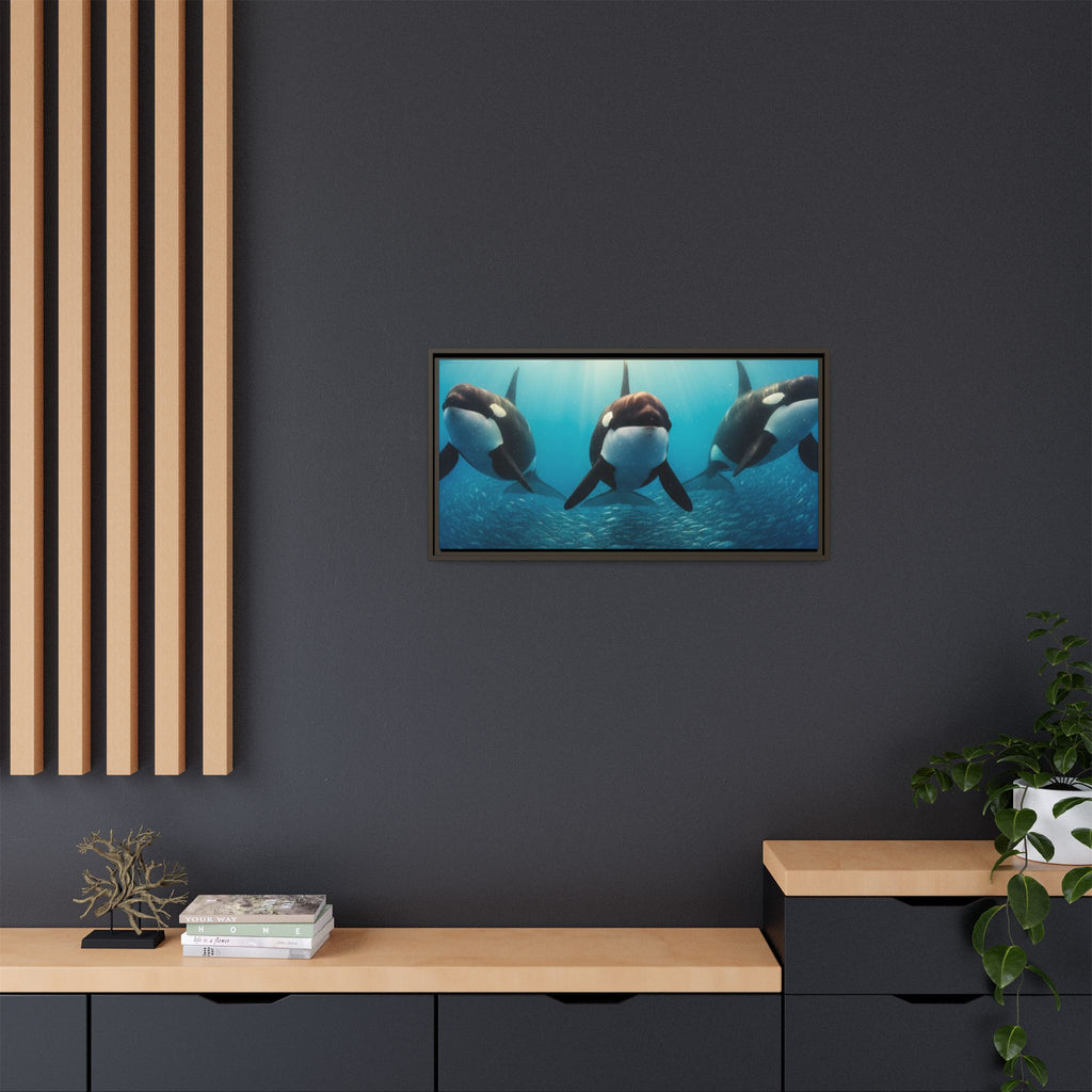 Framed Orca Canvas Print — Underwater Whale Pod Ocean Wall Art