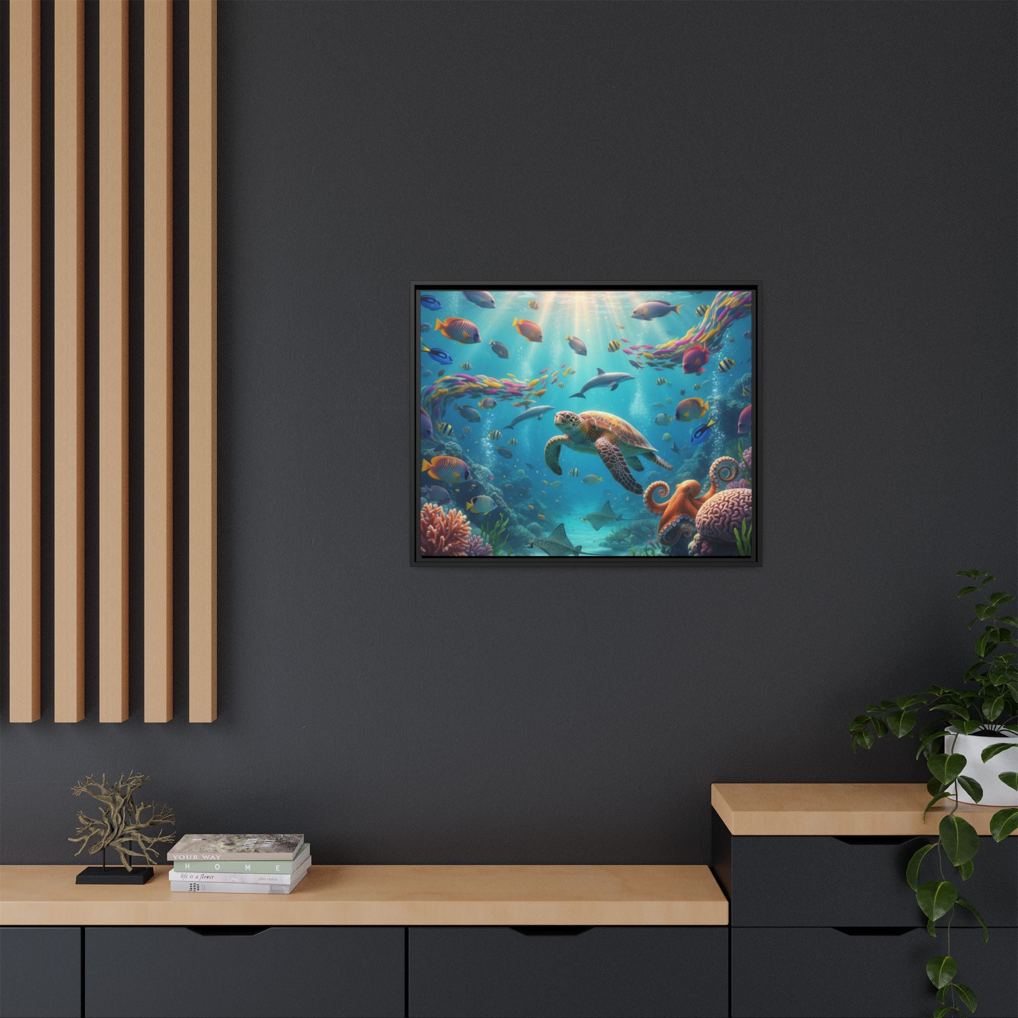 Framed Ocean Life Canvas — Colorful Sea Turtle Wall Art