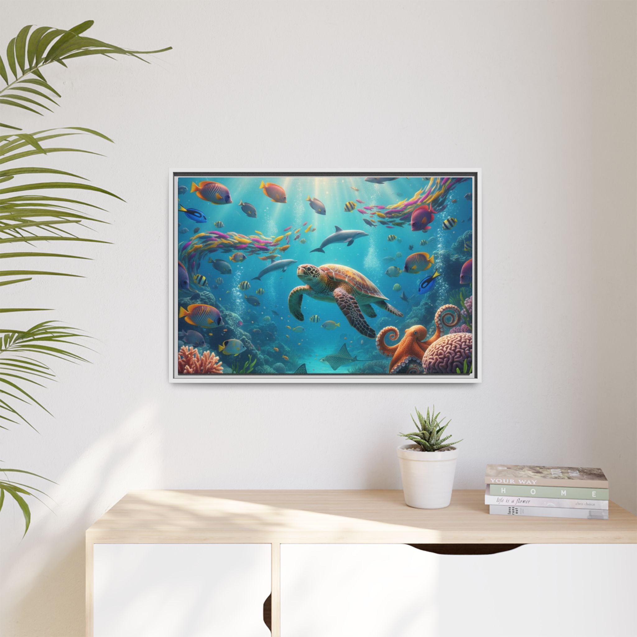 Framed Ocean Life Canvas — Colorful Sea Turtle Wall Art