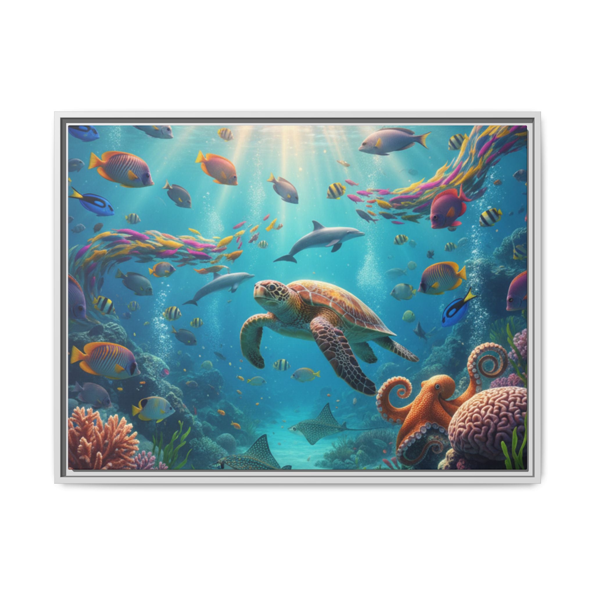 Framed Ocean Life Canvas — Colorful Sea Turtle Wall Art