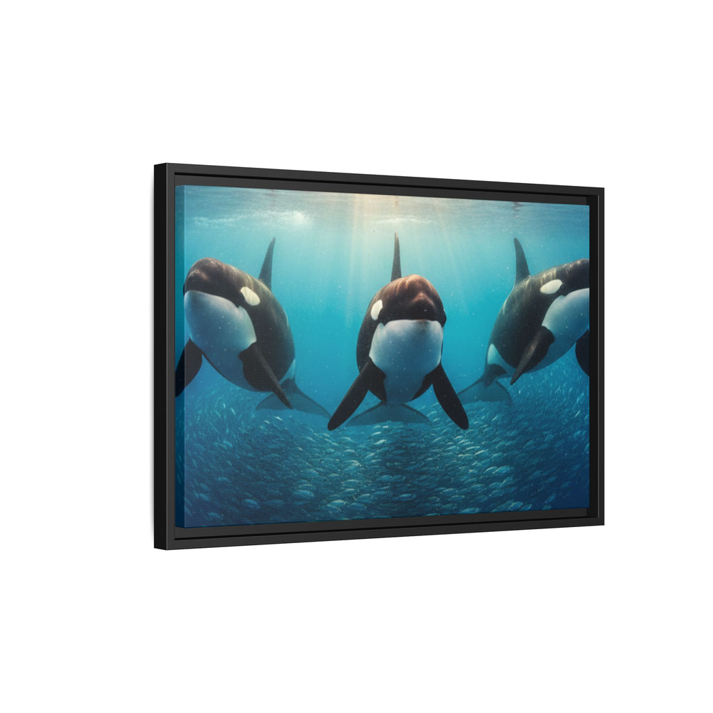 Framed Orca Canvas Print — Underwater Whale Pod Ocean Wall Art
