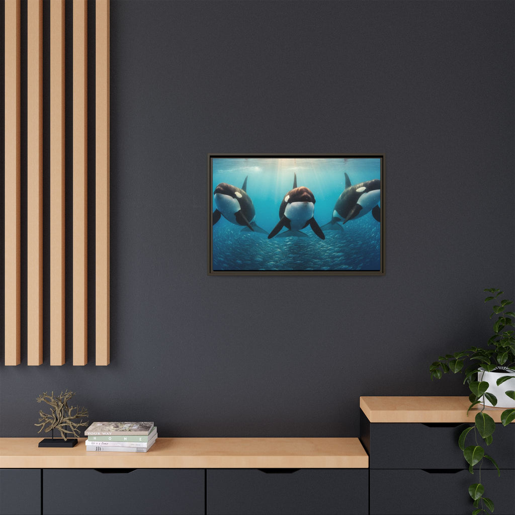 Framed Orca Canvas Print — Underwater Whale Pod Ocean Wall Art