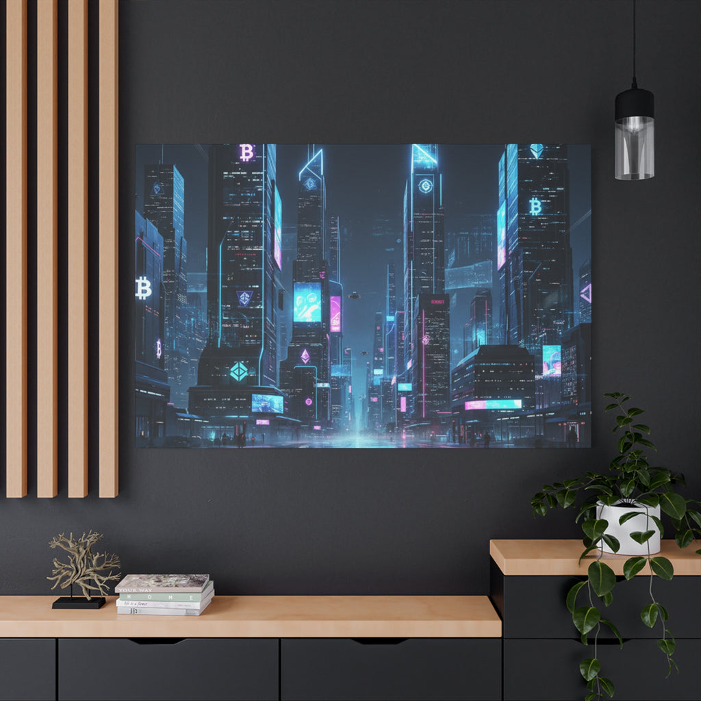 Cyberpunk Crypto Cityscape Canvas Print — Futuristic Neon Skyline Wall Art