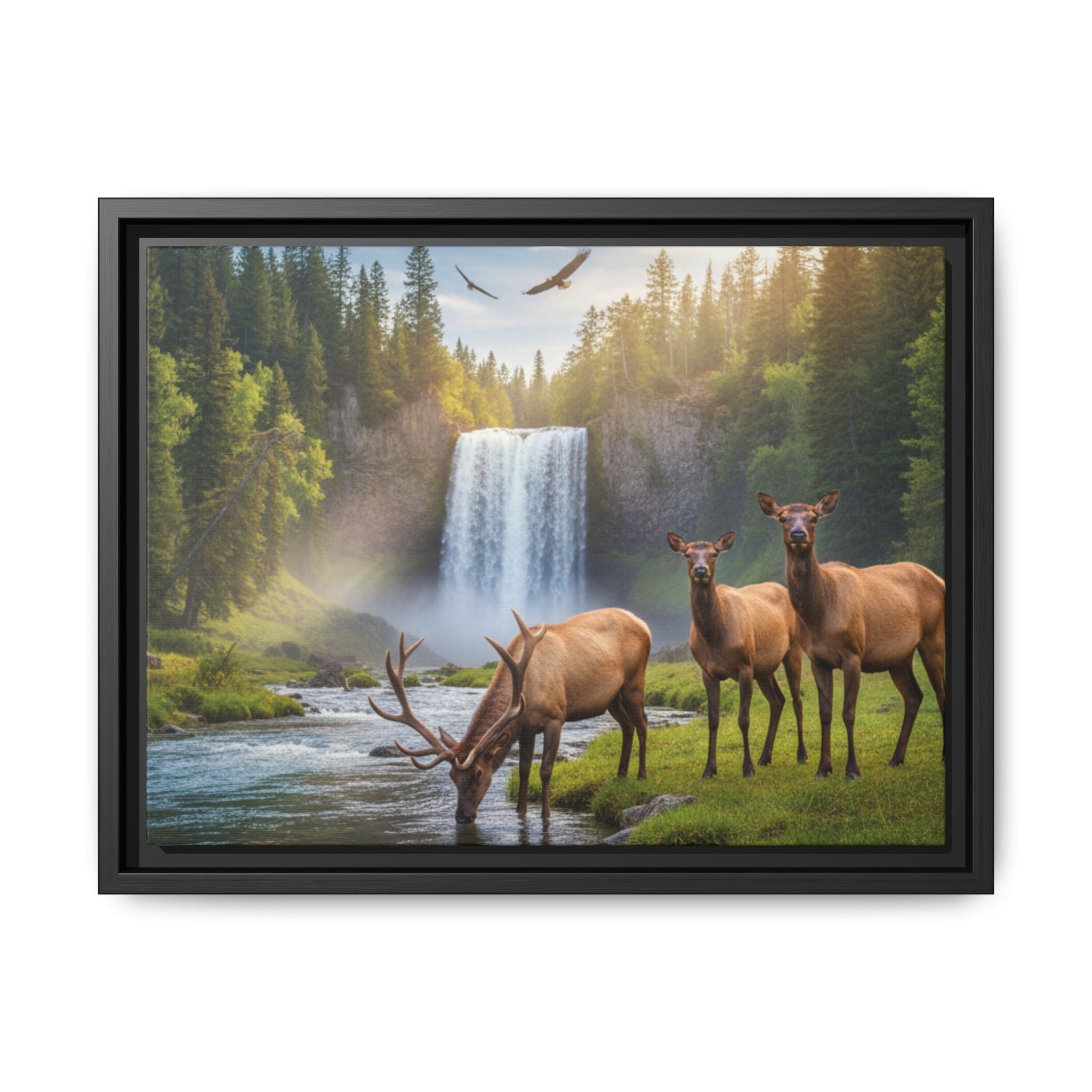 Waterfall Elk Forest Landscape Wall Art
