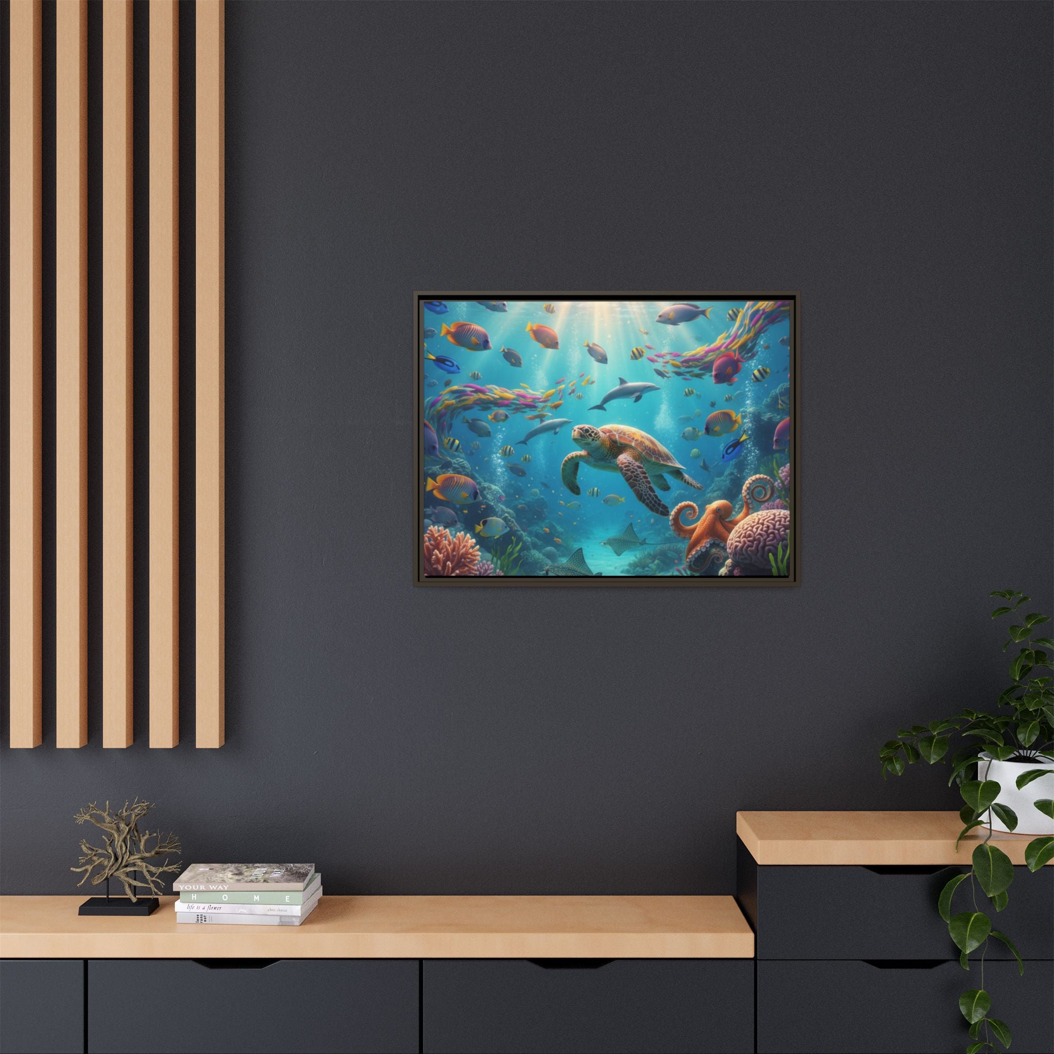 Framed Ocean Life Canvas — Colorful Sea Turtle Wall Art