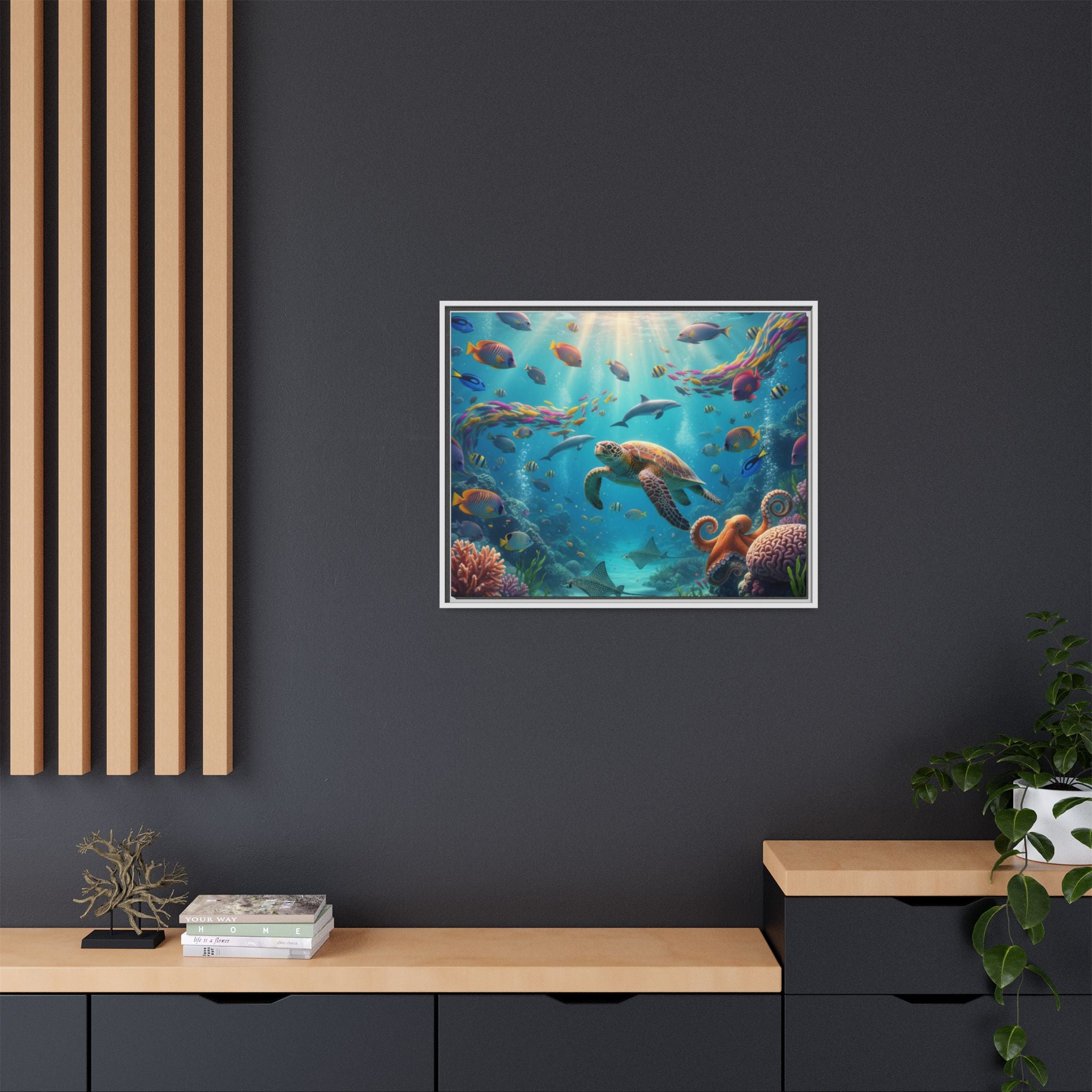 Framed Ocean Life Canvas — Colorful Sea Turtle Wall Art