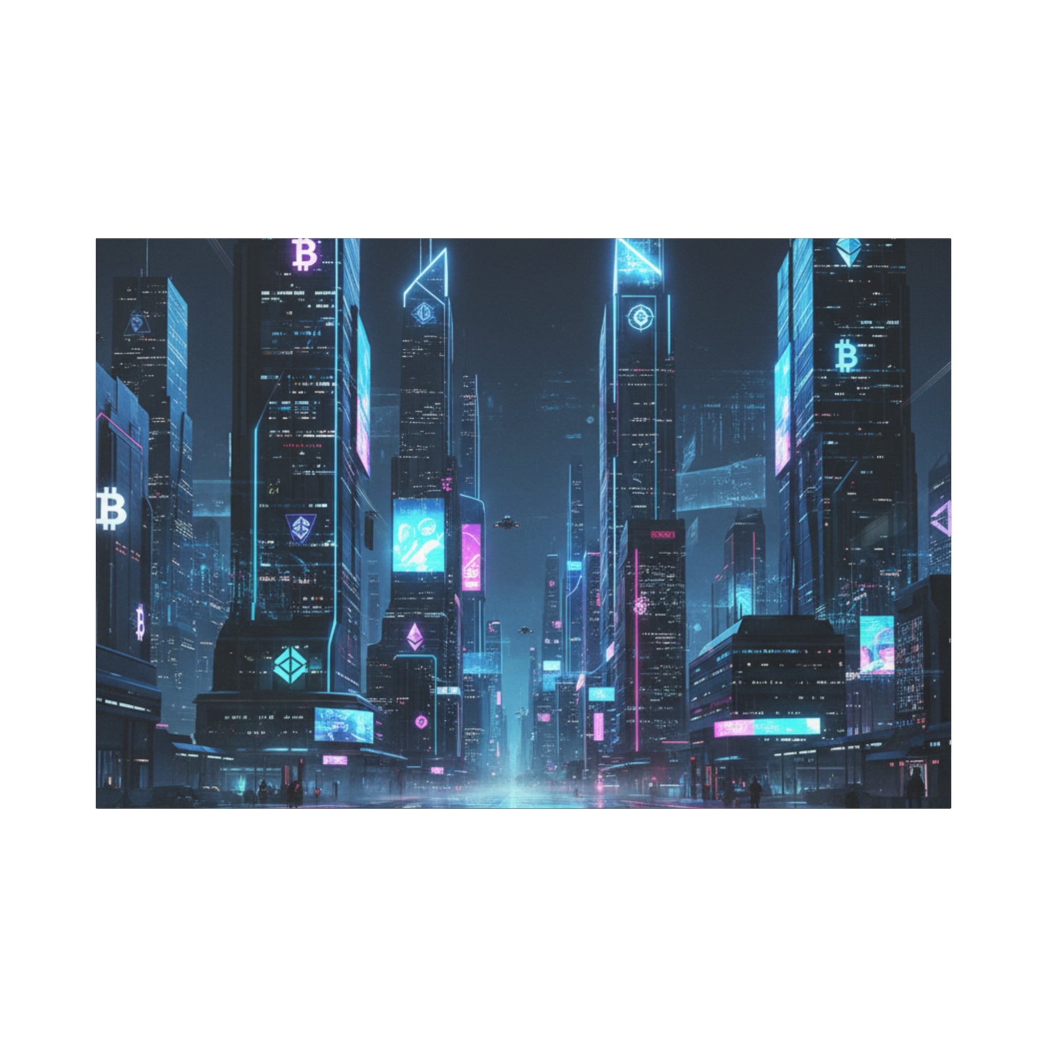 Cyberpunk Crypto Cityscape Canvas Print — Futuristic Neon Skyline Wall Art