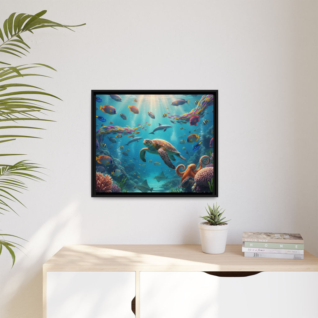 Framed Ocean Life Canvas — Colorful Sea Turtle Wall Art