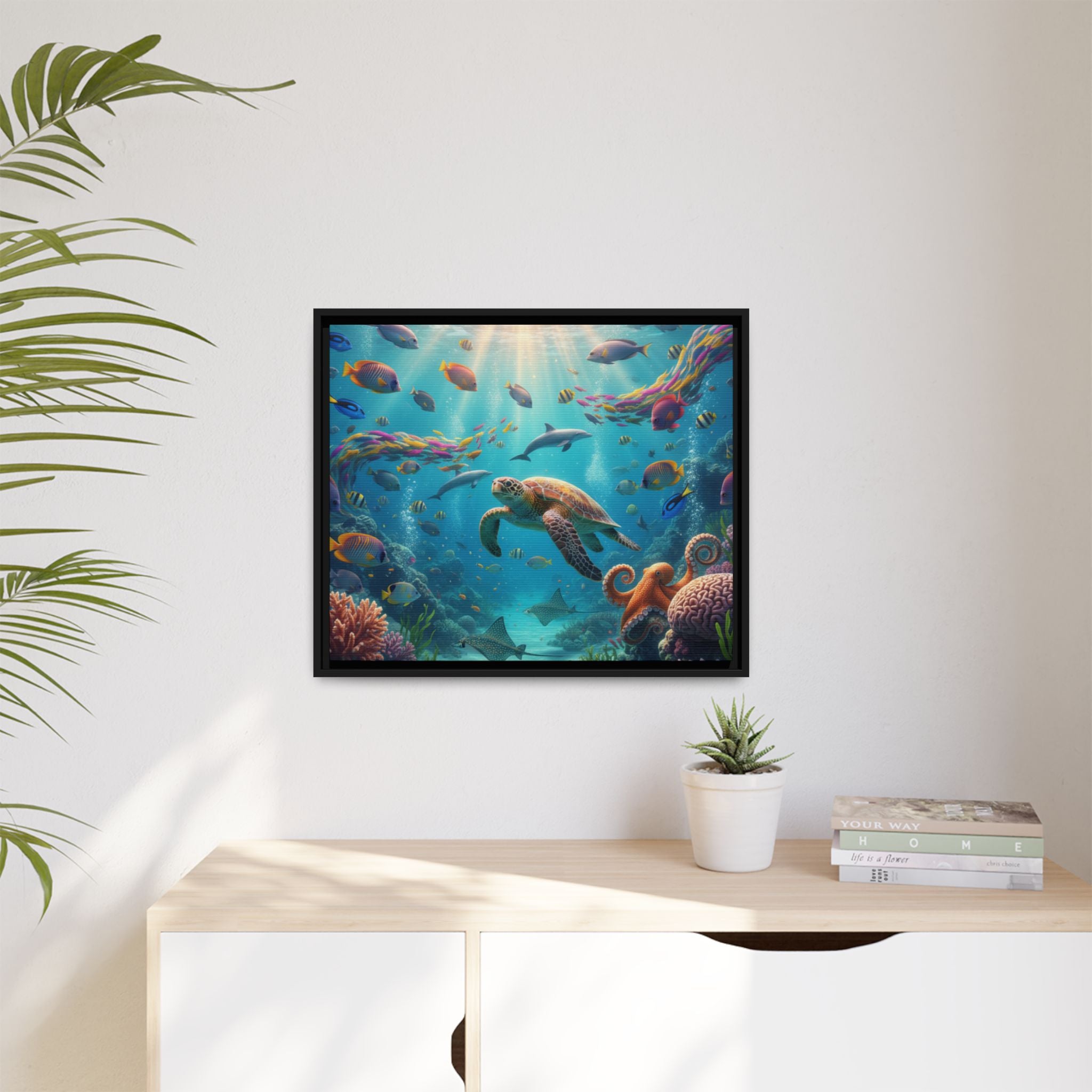 Framed Ocean Life Canvas — Colorful Sea Turtle Wall Art